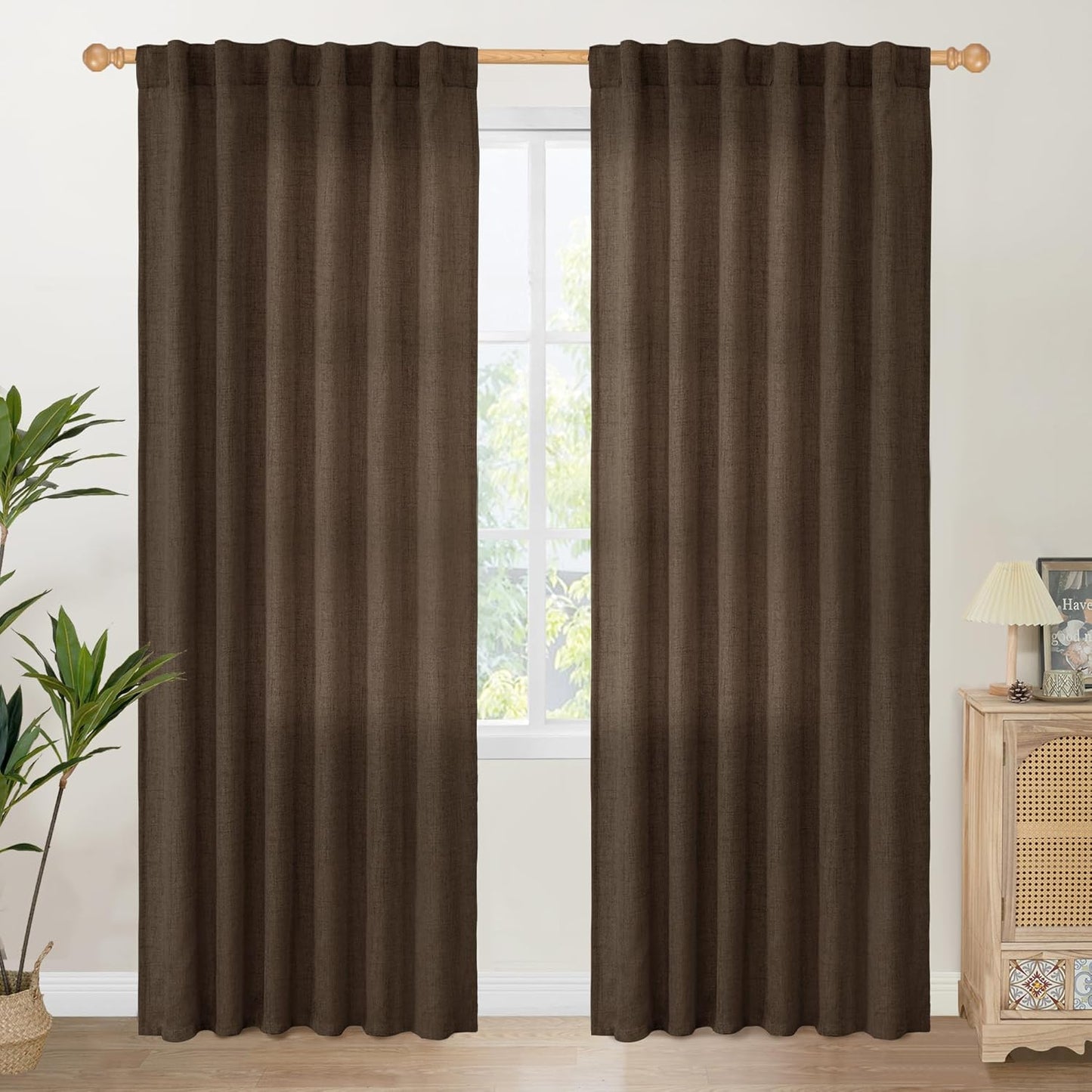 YoungsTex Brown Linen Curtains 84 Inch Length for Living Room, Chocolate Semi Sheer Drapes with Back Tab Rod Pocket Light Filteringfor Bedroom Dining Farmhouse, 2 Panel, 52 X 84 Inch