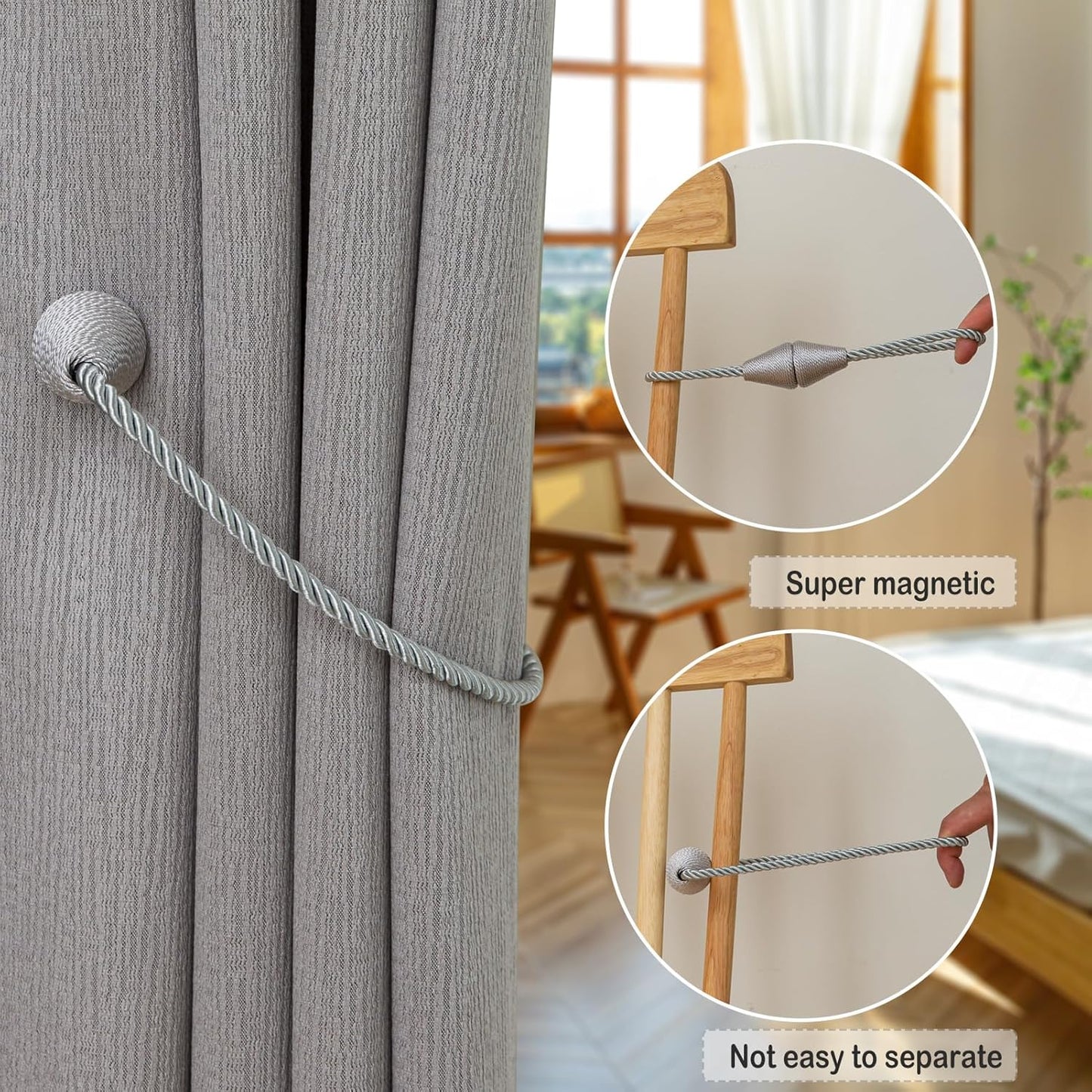 Magnetic Curtain Tiebacks 2 Pack Outdoor Rope Curtain Tie Backs Decorative Window Treatment Holdbacks for Home Decorative Curtain, Grey
