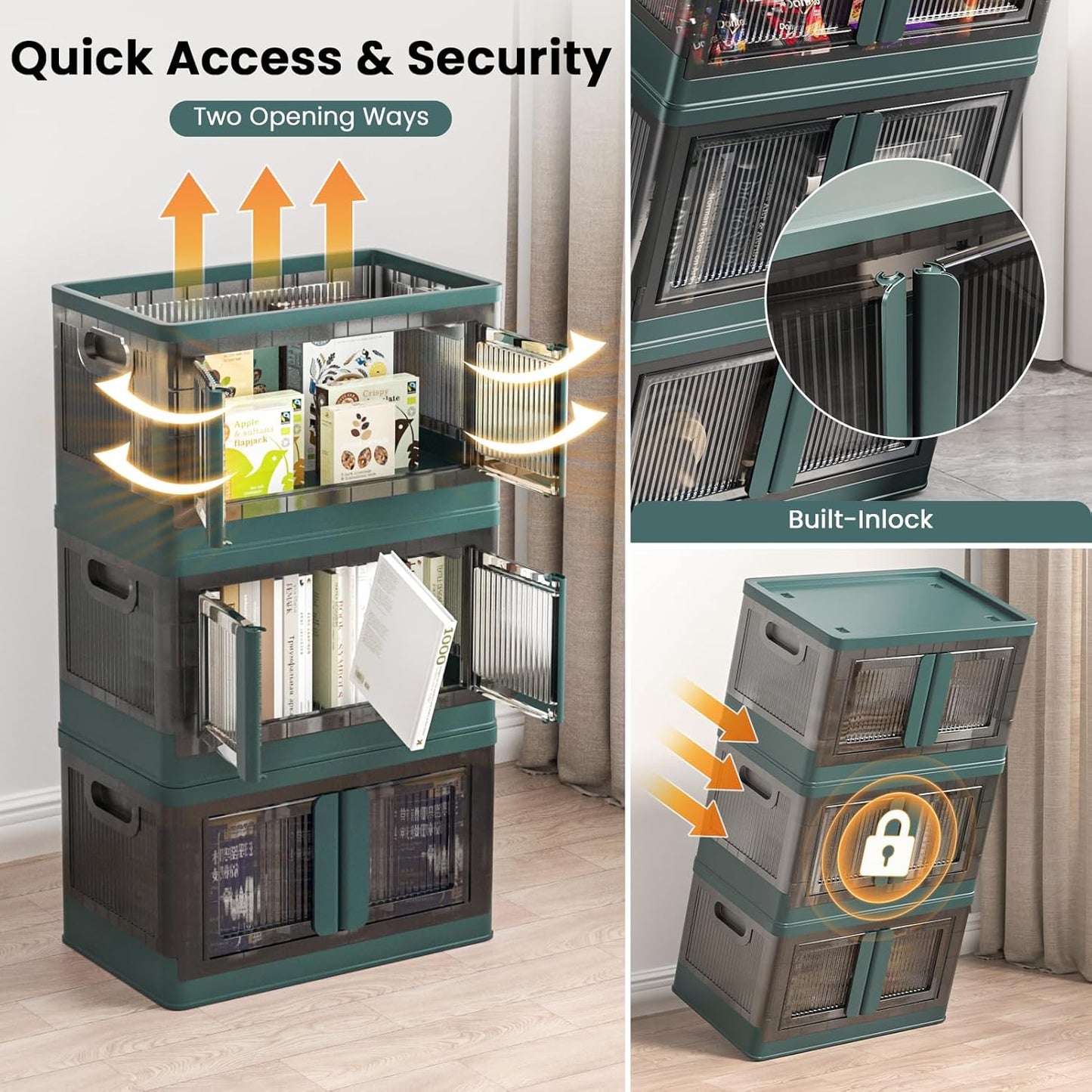 8.4Gal Collapsible Storage Bins with Lids & Wheels - 2 Pack Stackable with Doors, Heavy-Duty Plastic Containers for Home/Office, Green