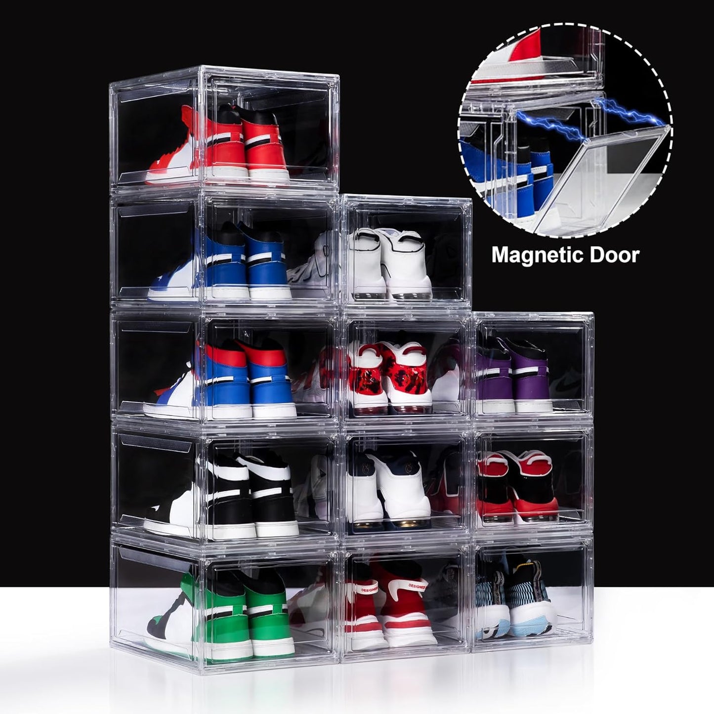 3 Pack Acrylic Shoe Boxes, Ultra Clear Shoe Boxes Stackable, Shoe Storage Box Sneaker Storage for Sneakerhead, Foldable Shoe Organizer with Magnetic Door, Professional Shoe Display Fits US Size 15