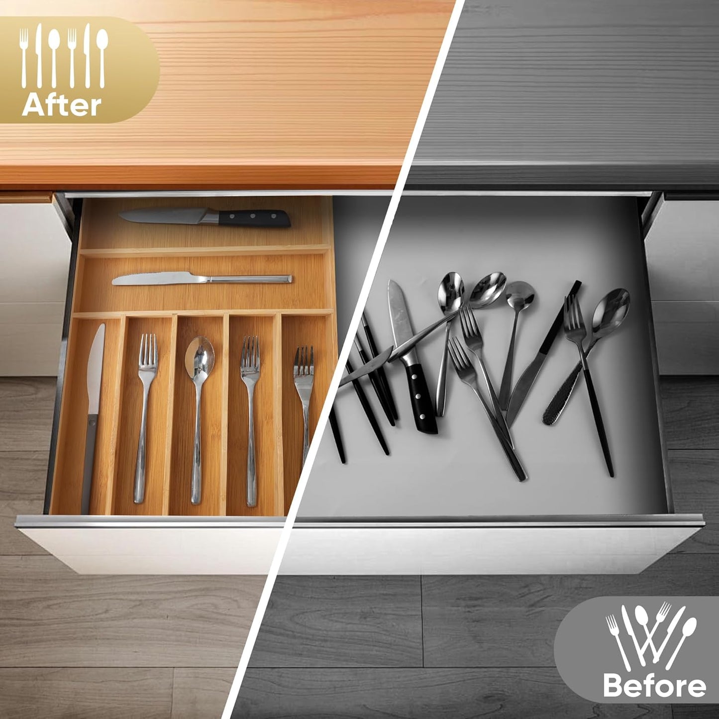 Silverware Organizer, 12.5 Inch Utensil Organizer Kitchen Drawer Organizer Bamboo Silverware Holder Cutlery Tray Organizer in Drawer Flatware Organizer Tray(7 slots, Natural）