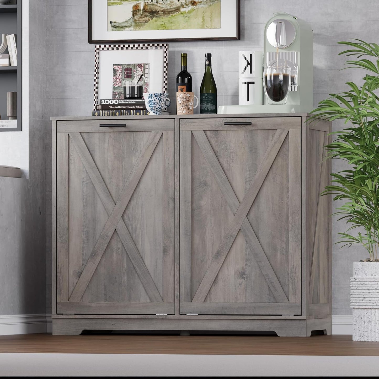 Tilt Out Trash Can Cabinet for 2 Bins, Hidden Recycle Garbage Bin Enclosure, Wooden Double Laundry Cabinet with Odor Control, Negative Ion & Ozone, for Kitchen, Bathroom, Laundry Room