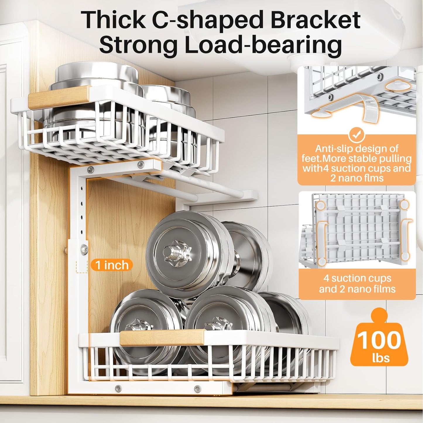 PXRACK 1 Pack Under Sink Organizer,Adjustable Height,2 Tier Pull Out Under Cabinet Organizer,Slide Out Thickened Metal Under Sink Storage for Kitchen Bathroom Laundry Cabinet Pantry,White(S)