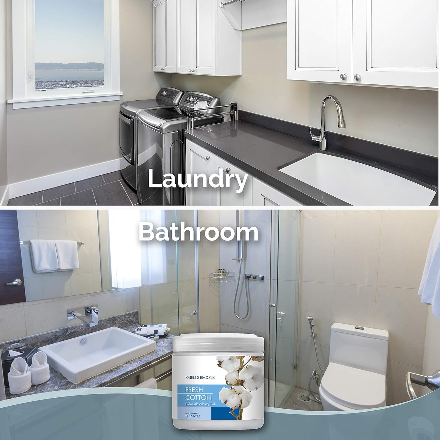 SMELLS BEGONE 15 oz Air Freshener Odor Absorber Gel - Absorbs Odor from Bathrooms, Cars, Pet Areas, Boats and RVs - Made with Essential Oils - Fresh Cotton Scent