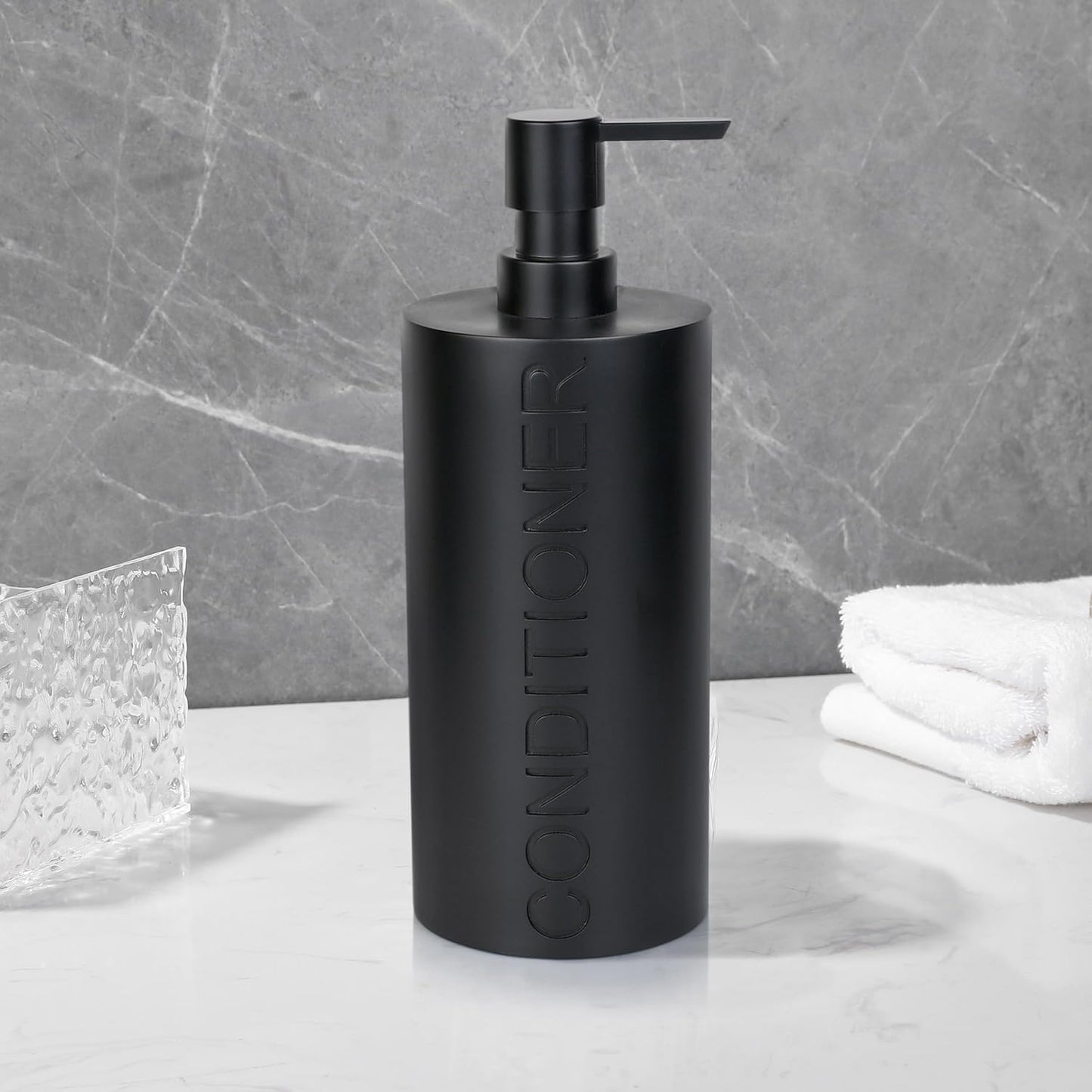 Matte Black Conditioner Dispenser Luxurious Refillable Pump Bottle with Black Resin Pump and Embossed Text, Durable Design for Bathroom and Shower