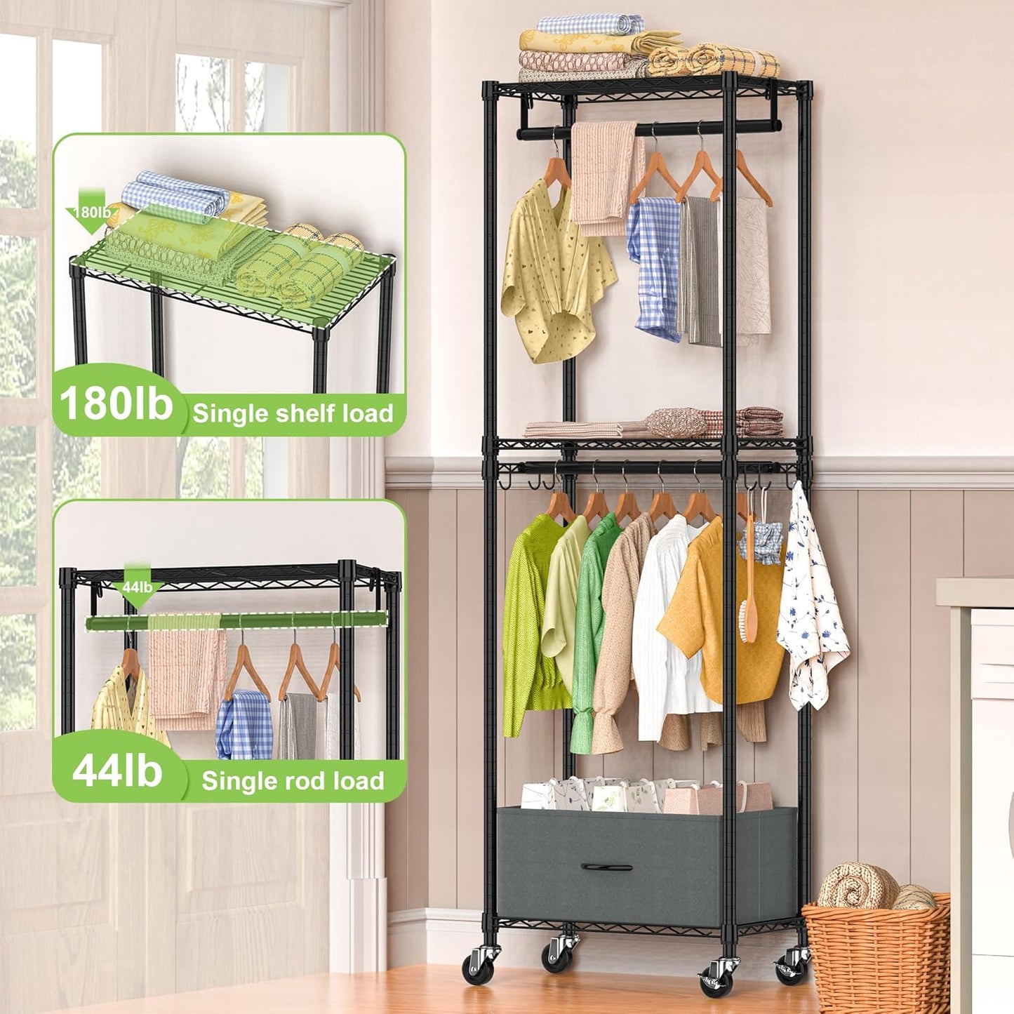 Clothes Rack with Drawers, Freestanding Rolling Garment Rack for Hanging Clothes, Closet Organizer Adjustable Metal Wire Shelving Wardrobe with Rods Portable Closet Shelf with Wheels, Black