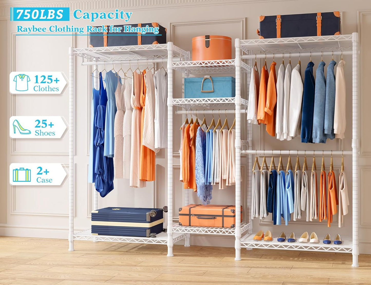 Raybee Clothing Racks for Hanging Clothes Heavy Duty Clothes Rack Load 750LBS Garment Rack, 77" H x 70.5" W x 13.8" D, White