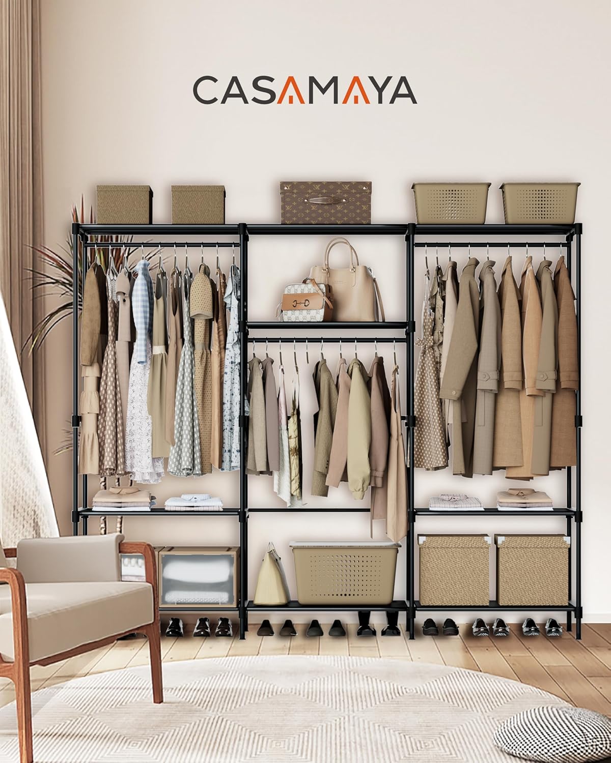 Clothes Rack, Portable Closet, 81.1 Inch Large Capacity Wardrobe Closet, Clothes Storage Organizer with Shelves and 3 Hanging Rods, Easy to Assembly, Black PCT033B01