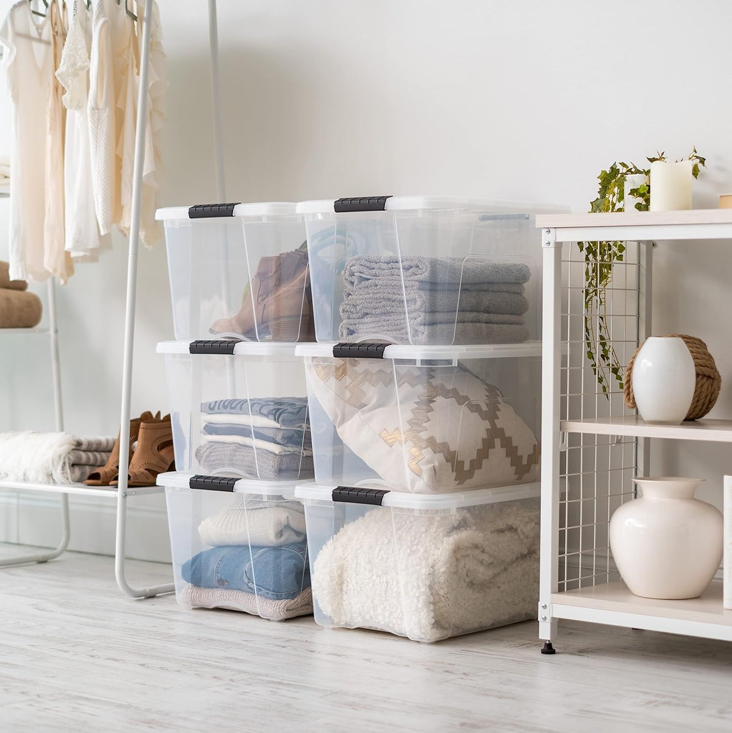 IRIS USA 40 Qt Stackable Plastic Storage Bins with Lids, 6 Pack - BPA-Free, Made in USA - See-Through Organizing Solution, Latches, Durable Nestable Containers, Secure Pull Handle - Clear