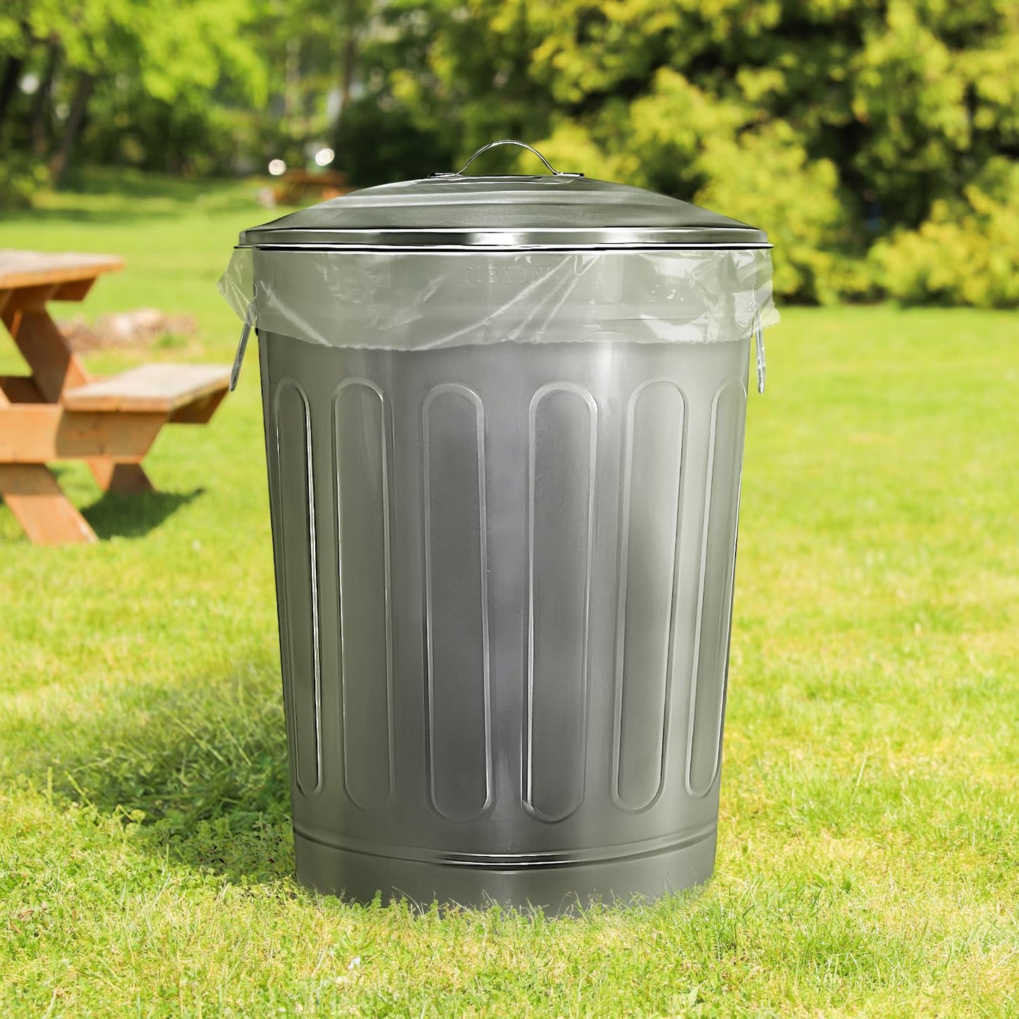 Plexon Round Trash Can 13 Gallon, Vintage Metal Outdoor Trash Can with Lid, Retro Farmhouse Garbage Container, Old School Modern Ash Bucket, Galvanized Steel 6 Pack