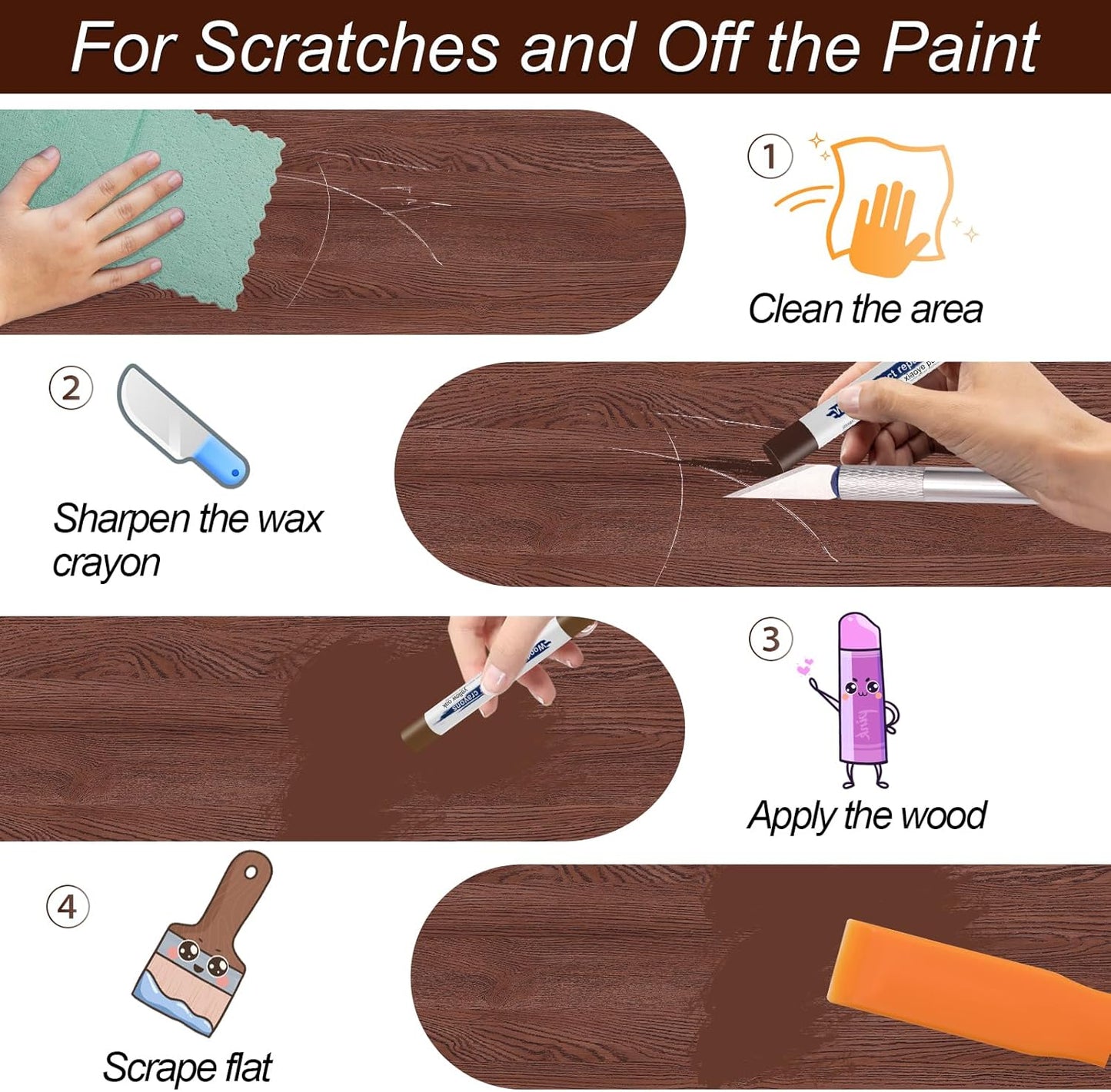 16+4P Wood Filler Sticks with 1P Box, 1P Knife, 1P Scraper and 1P Rag, Pletpet 16 Color Furniture Crayon Touch Up Wood Filler Nail Hole Wax Sticks for Repairing Scratches and Nail Holes (16p)