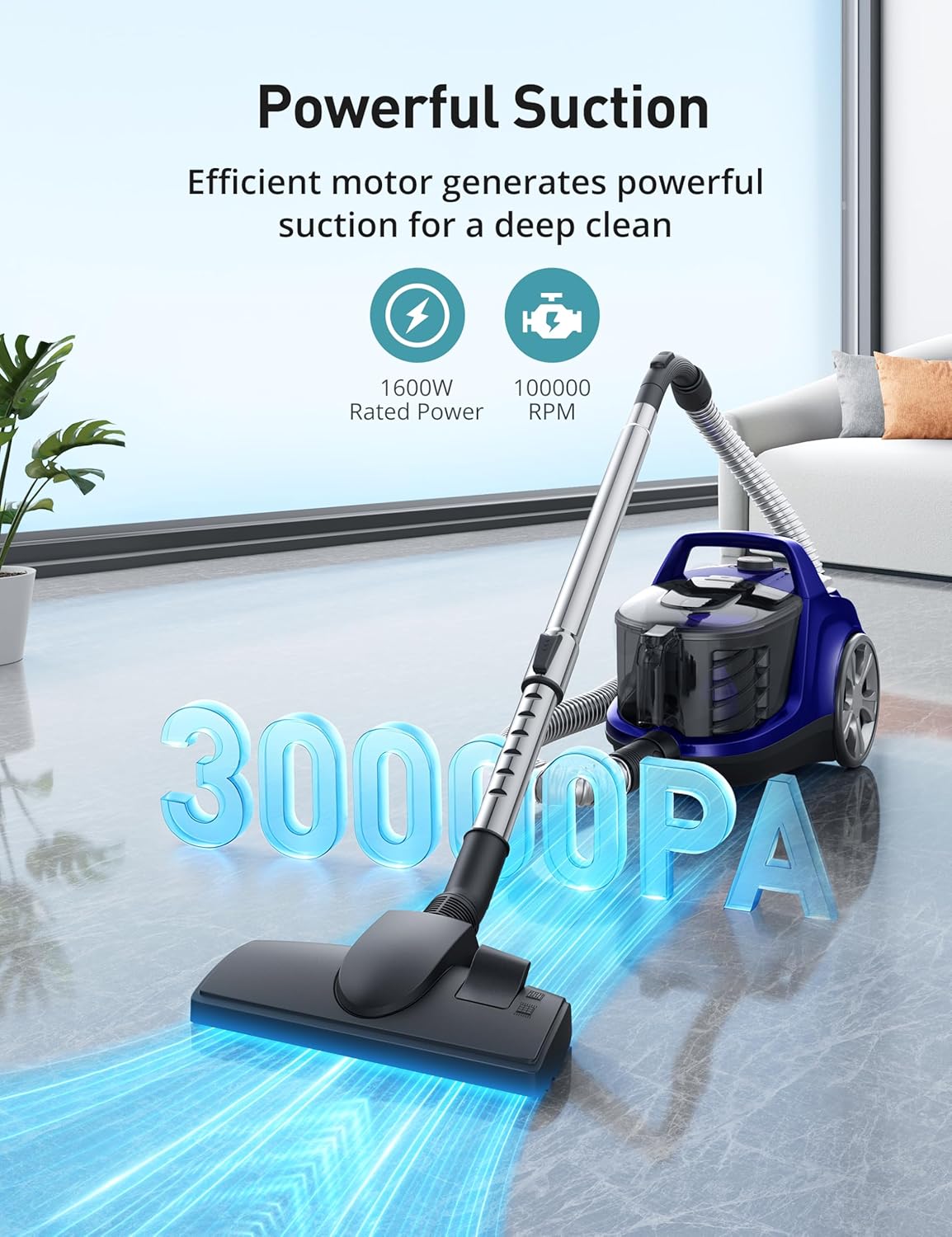 Aspiron Canister Vacuum, Upgraded 1600W Bagless Canister Vacuum Cleaner, Auto Cord Rewind, H13 HEPA Filter, 3.7Qt Large Capacity, 5 Tools for Hard Floors, Carpet, Pet, Upholstery, Tiles, Car, Navy