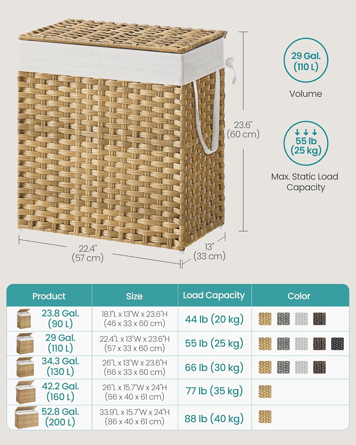 SONGMICS Laundry Hamper with Lid, 110L Clothes Hamper with 2 Removable Liner Bags, 6 Mesh Bags, Wicker Laundry Basket, Double Laundry Hamper for Bathroom, 13 x 22.4 x 23.6 Inches, Natural ULCB52NL