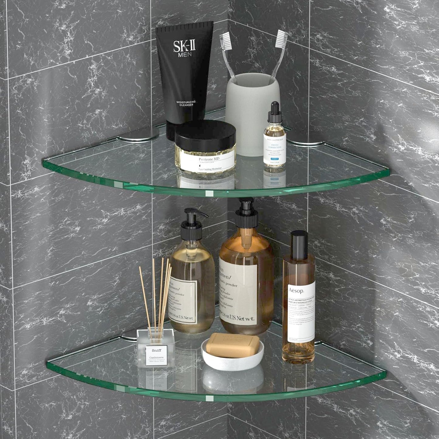Corner Glass Shower Caddy 4 Pack 8MM-Thick Tempered Glass Shelf No Drilling Wall Mount Corner Mounted Shelves Space Saver Adhesive Bathroom Home Shelf Shampoo Holder Organizer Strong Adhesion