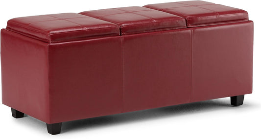 SIMPLIHOME Avalon 42 inch Wide Contemporary Rectangle Storage Ottoman in Red Vegan Faux Leather, Assembled, for the Living Room, Entryway and Family Room