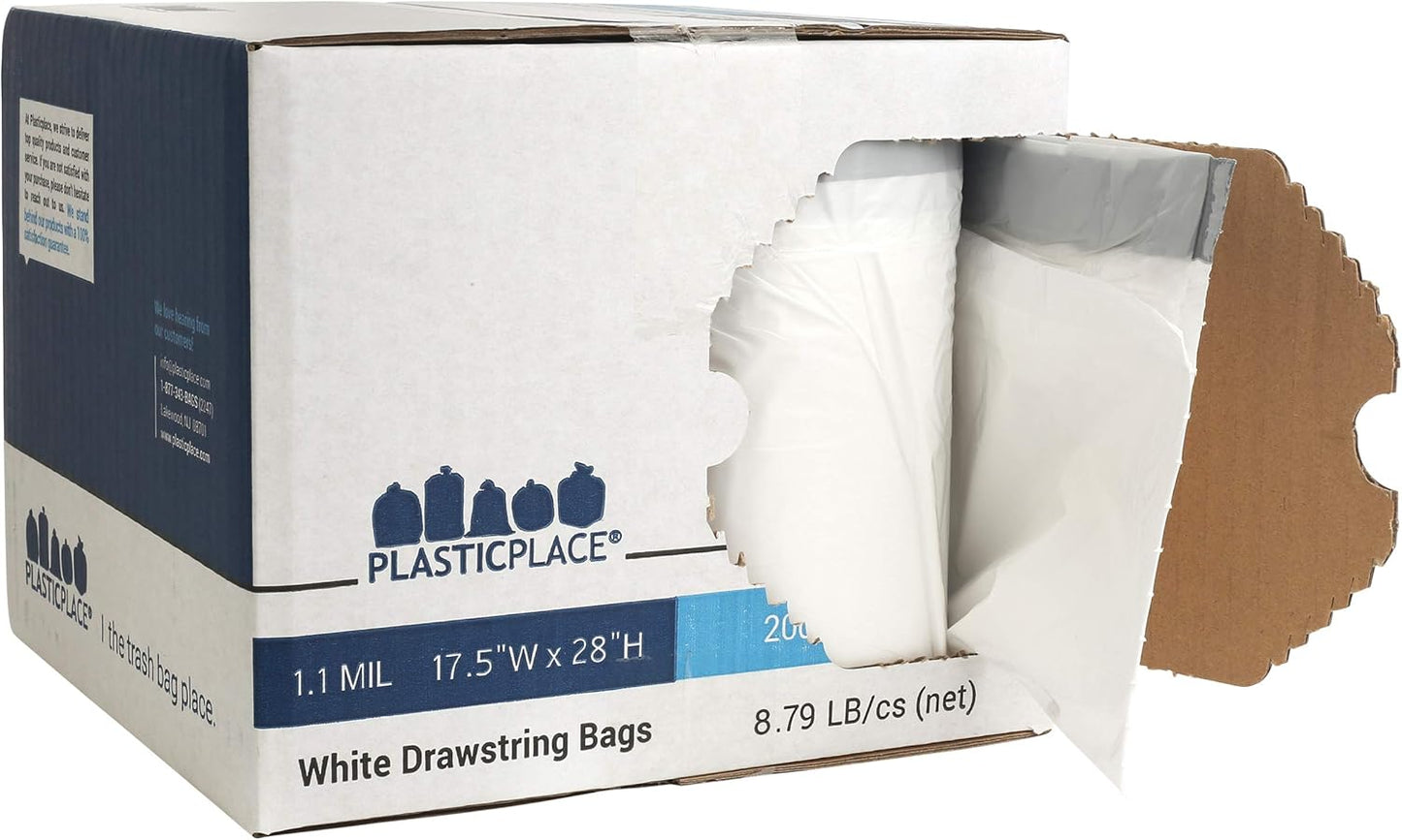 Plasticplace Custom Fit Trash Bags, Compatible with simplehuman Code G (200 Count) White Drawstring Garbage Liners 8 Gallon / 30 Liters, 17.5" x 28"