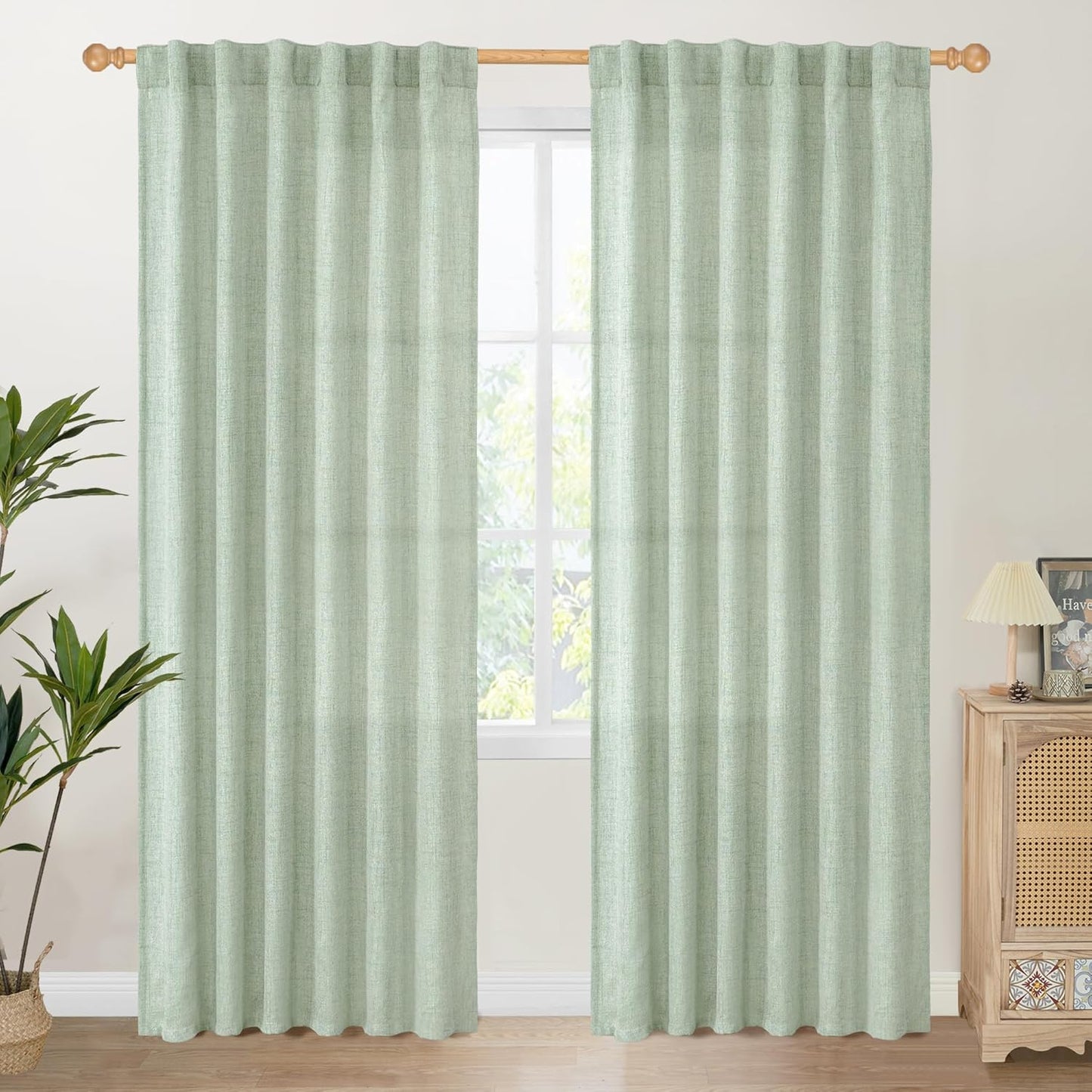 YoungsTex Sage Green Curtains 80 Inch Length for Living Room, Semi Sheer Linen Drapes Light Filtering with Back Tab Rod Pocket for Bedroom Office Spring Window Treatments, 52 X 80 Inch, 2 Panels