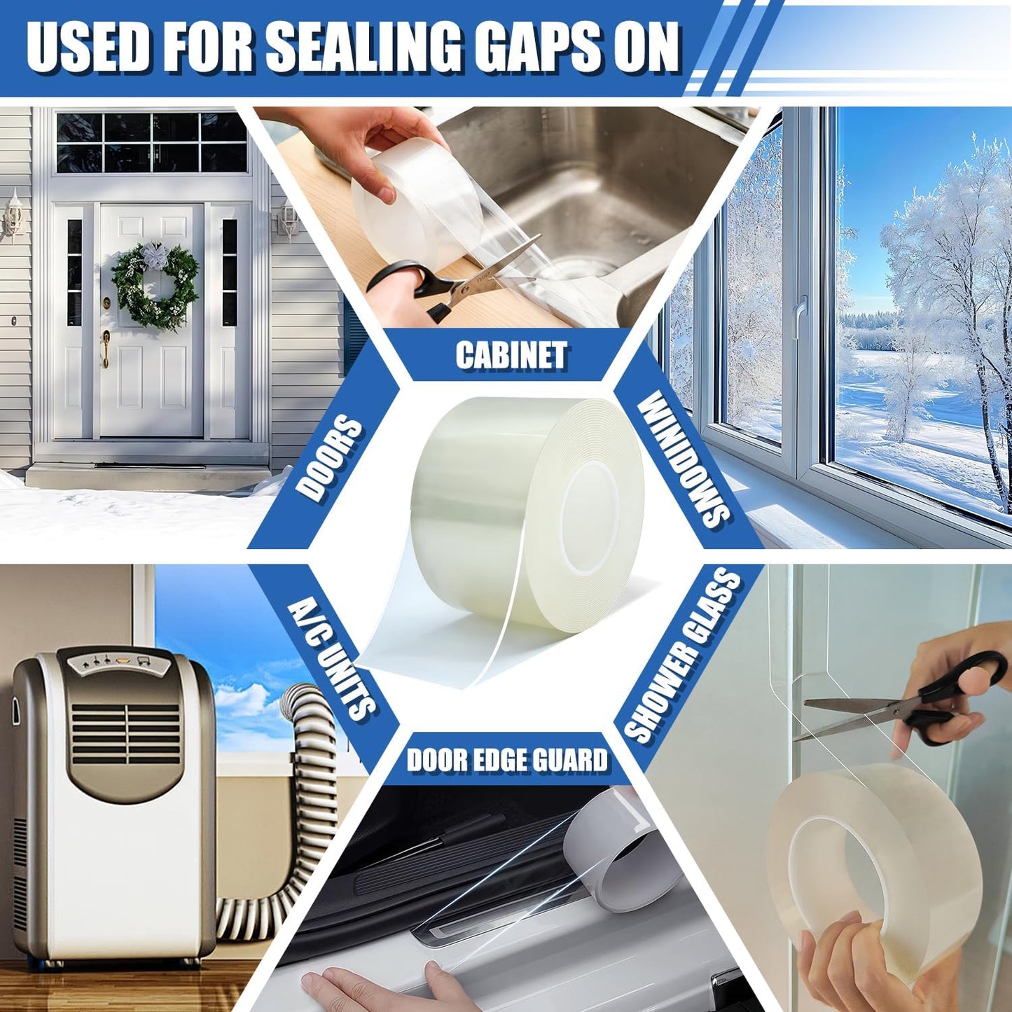 Window Weather Sealing Tape 2 in x 66 FT Weather Stripping Weatherproof Draft Stopper Clear Window Insulation Tape for Doors Windows Garages RVs Energy Saving Kit