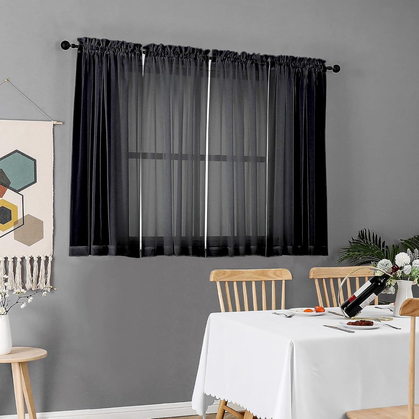 Chyhomenyc Black Sheer Curtains 45 Inches Length 2 Panels, Light Filtering Soft Airy Curtain Drapes for Bathroom Living Room Bedroom Small Windows, Each 42W x 45L inches