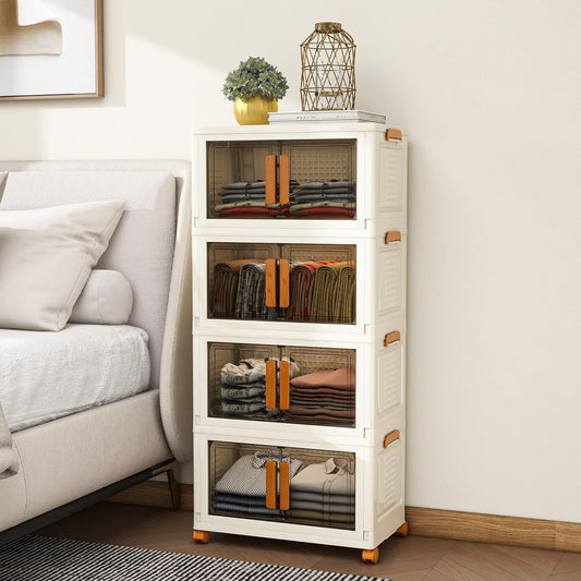 4 Tier Stackable Plastic Storage Bins with 1 Lid 45 QT/Tier, Collapsible Plastic Box Storage Bin with Wheels, Home Containers Boxes Closet Organizers for Living Room, Office, Dorm