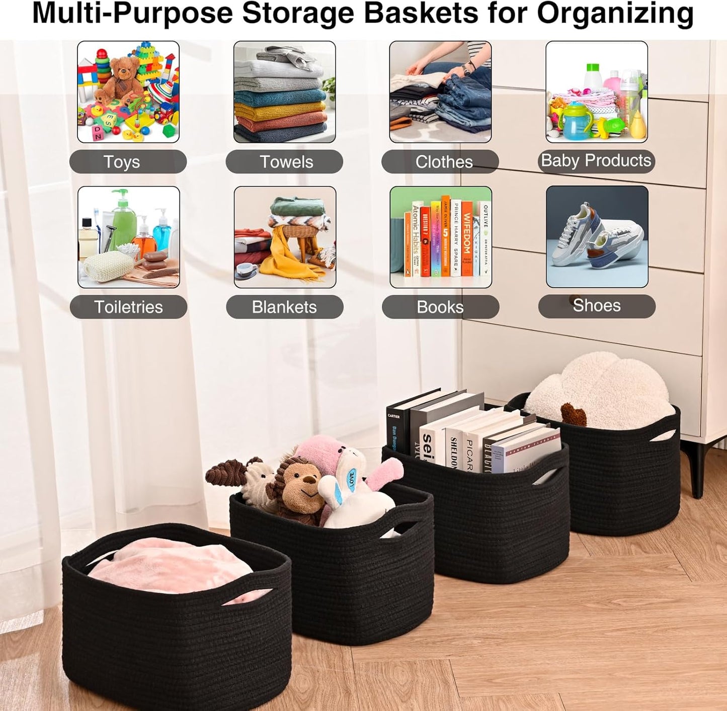 Small Storage Baskets for Organizing Shelves, Cotton Rope Basket for Storage, Cute Rectangular Book Toy Bins, 12.7"×9.1"×7.9", 4 Packs, Black