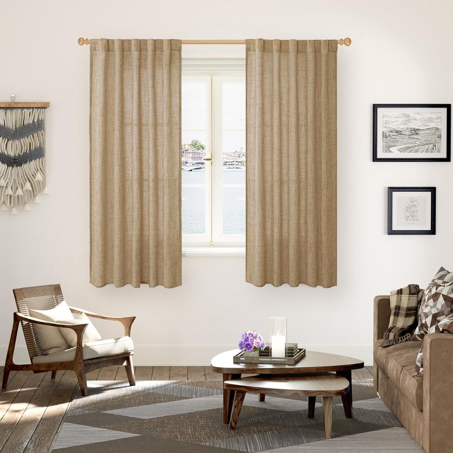 YoungsTex Toffee Linen Curtains 63 Inch Length for Short Living Room Window, Light Filtering Rod Pocket Burlap Textured Drapes for Bedroom Back Tab Rustic, 42 X 63 Inch, 2 Panels