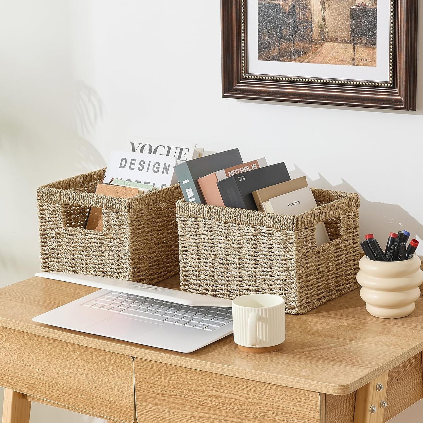 Seagrass Wicker Basket, Decorative Woven Baskets with Built-in Handles, Hand-woven Storage Organizer for Organizing Pantry, Shelves, Laundry, Livingroom, Bedroom, Toilet(2-PACK, Natural)