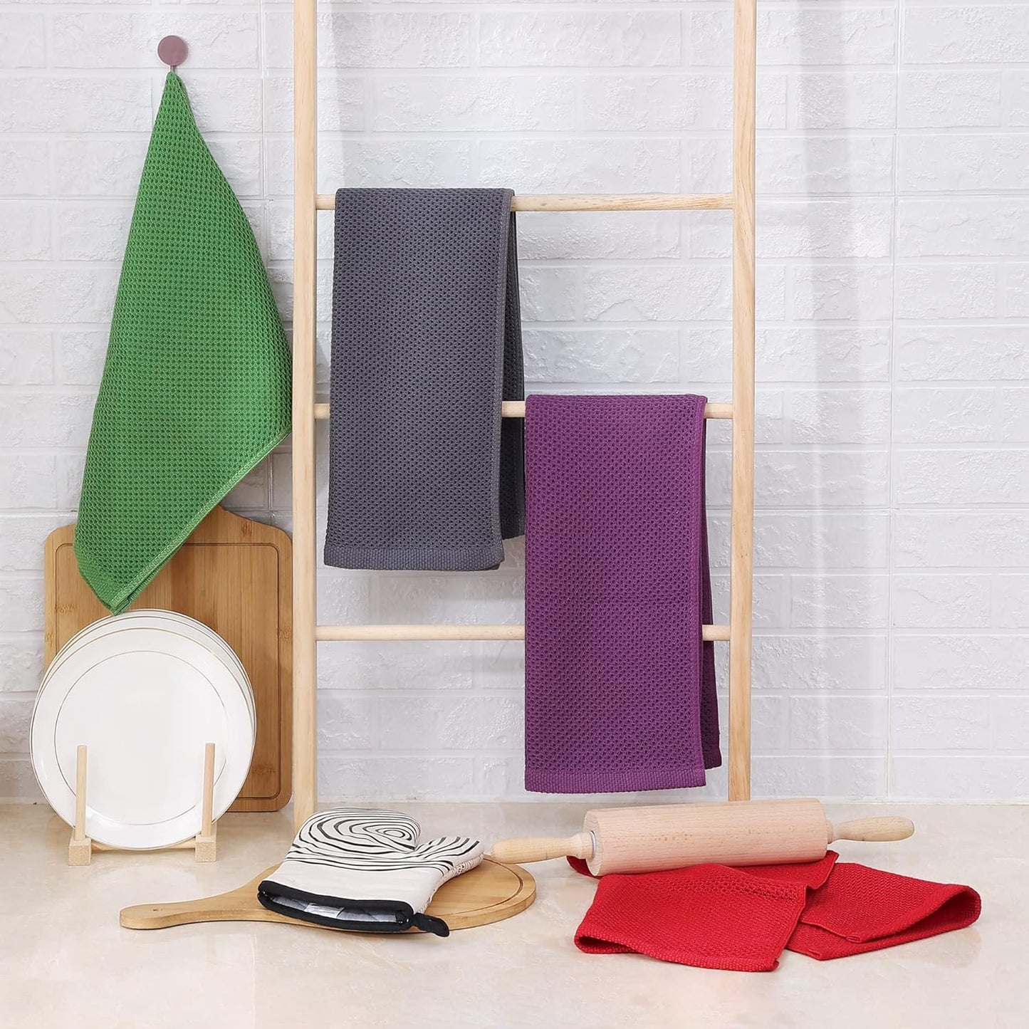 Homaxy 100% Cotton Waffle Weave Kitchen Dish Towels, Ultra Soft Absorbent Quick Drying Cleaning Towel, 13 x 28 Inches, 6-Pack, Grass Green