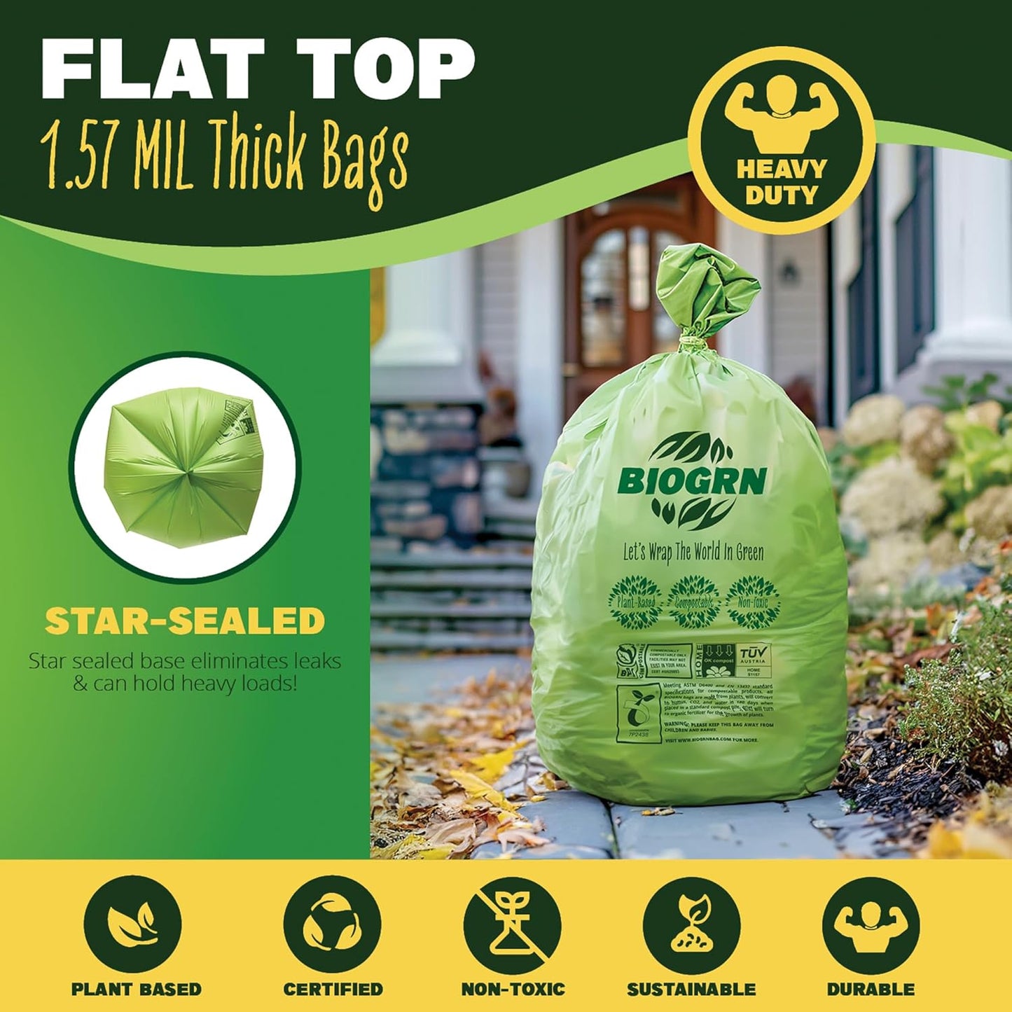 50-55 Gallon Compostable Trash Bags Flat-Top 12 Bags Heavy Duty 1.57 Mil 208.2 Liter Large Lawn and Yard Waste Bag Compost for Outdoor Garden ASTM D6400, US BPI and OK Compost Home Certified
