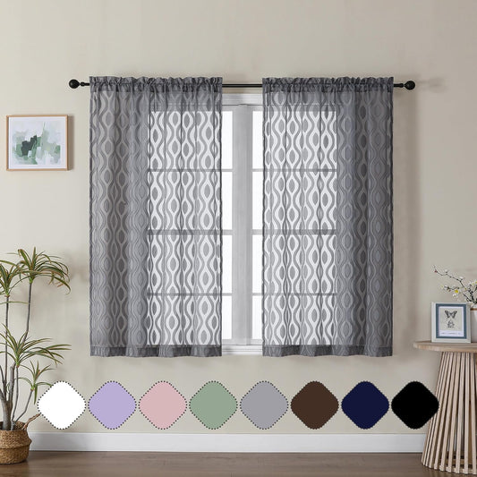Aiyufeng Grey Sheer Curtains 45 Inch Length 2 Panels Set, Farmhouse Clip Jacquard Textured Short Curtains, Lightweight Chic Wavy Line Window Curtains Drapes for Bedroom, 40" Wx45 L Inches
