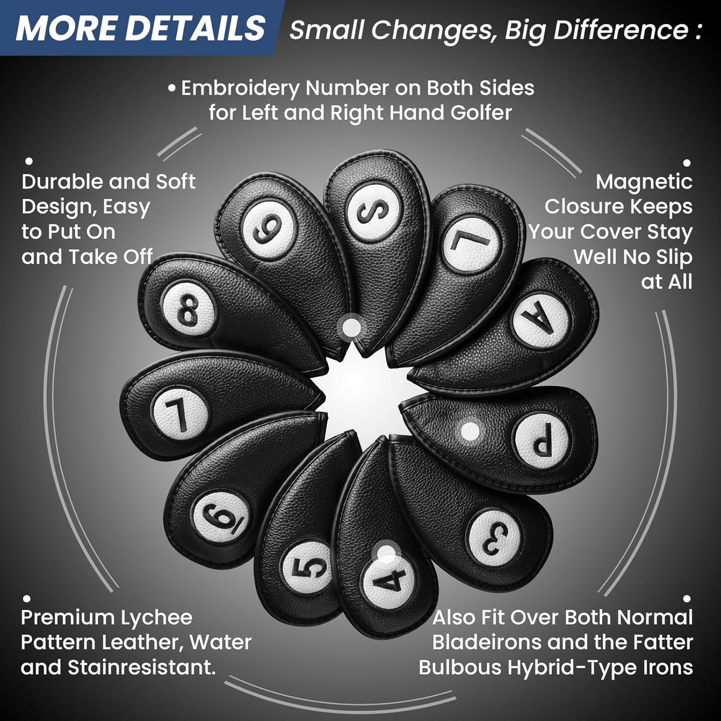 FINGER TEN Golf Club Covers for Irons Magnetic Value 11 Pack, Synthetic Leather Deluxe Head Cover Set Headcovers for Irons Fit Main Iron Clubs