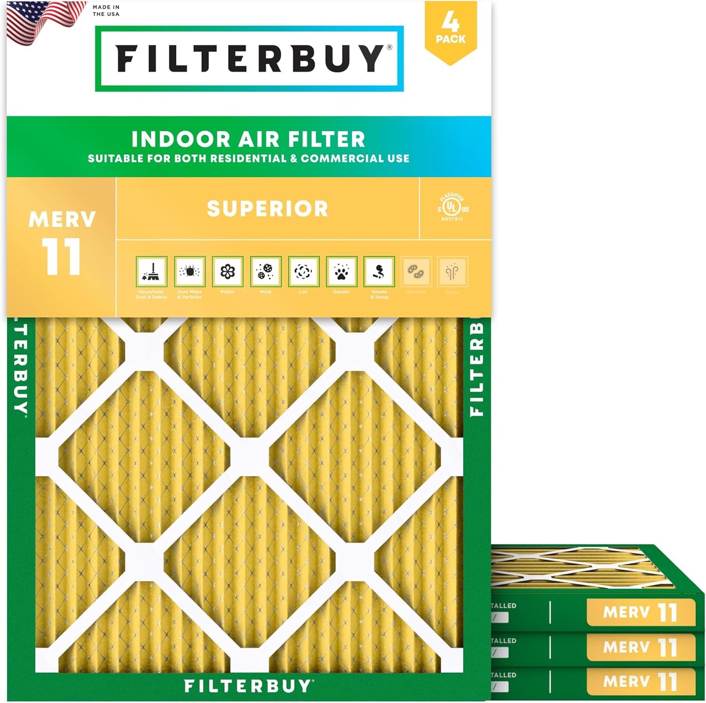 Filterbuy 16x21x1 Air Filter MERV 11 (MPR 1200) Allergen Defense Replacement (4-Pack), Electrostatic Pleated HVAC AC Furnace Filters, Made in USA (Actual Size: 15.50 x 20.50 x 0.75)