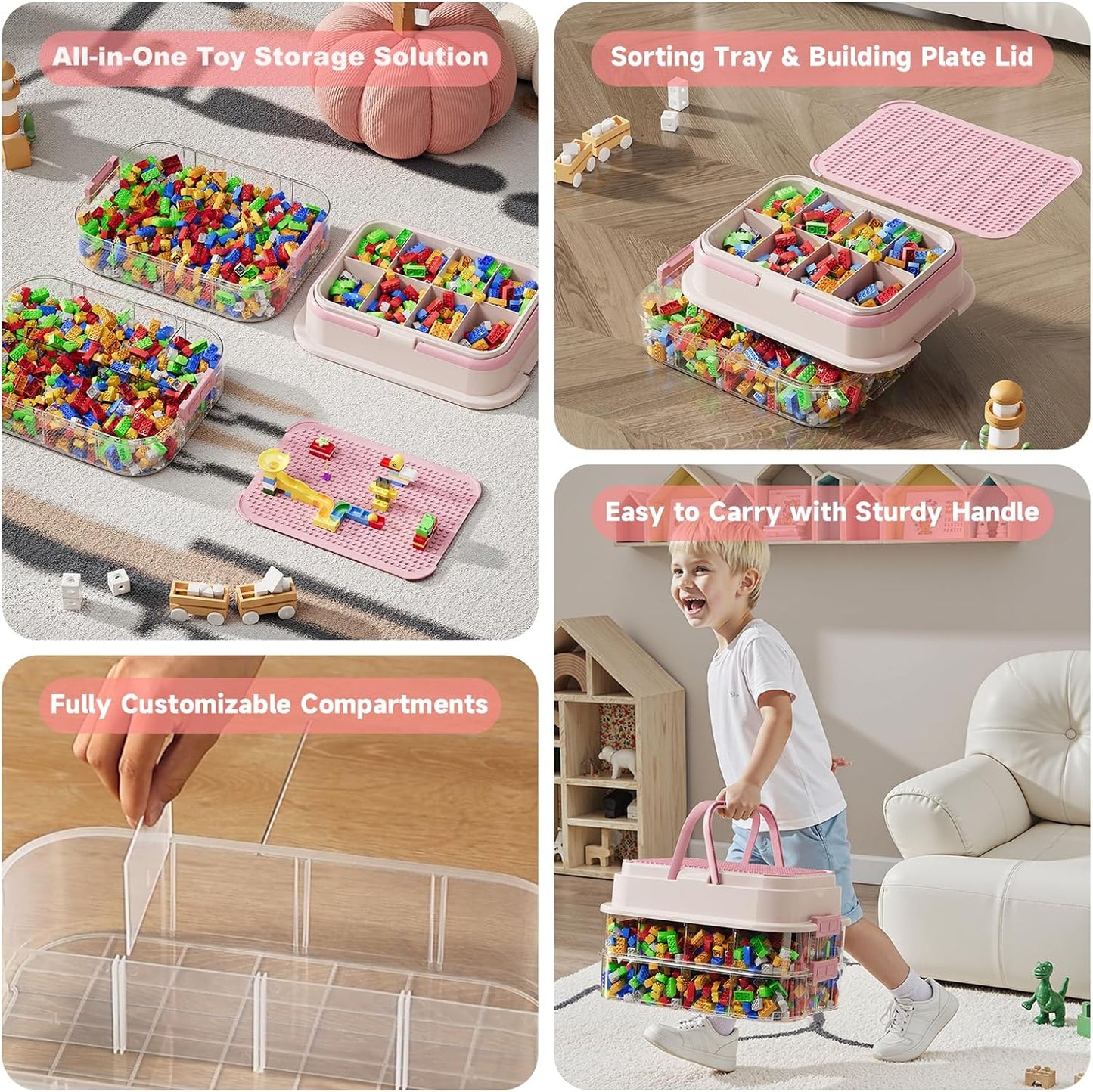 Toy Storage Organizer Box with Handle, Stackable Building Block Toy Box with Building Plate Lid & Removable Sorting Trays, Cubby Bins and Containers 1 Layer (Pink)