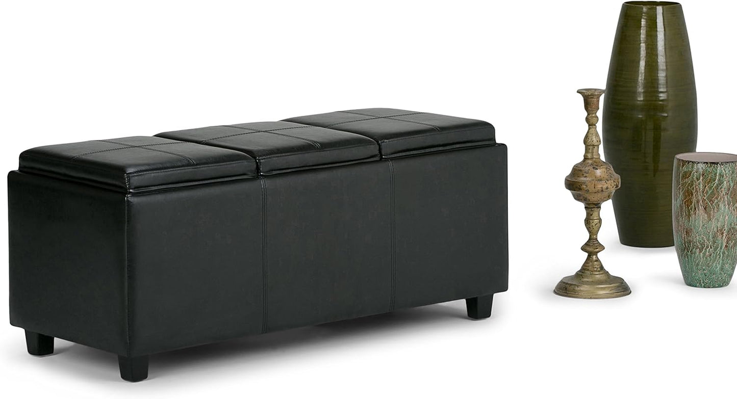 SIMPLIHOME Avalon 42 inch Wide Contemporary Rectangle Storage Ottoman in Midnight Black Vegan Faux Leather, Assembled, For the Living Room, Entryway and Family Room