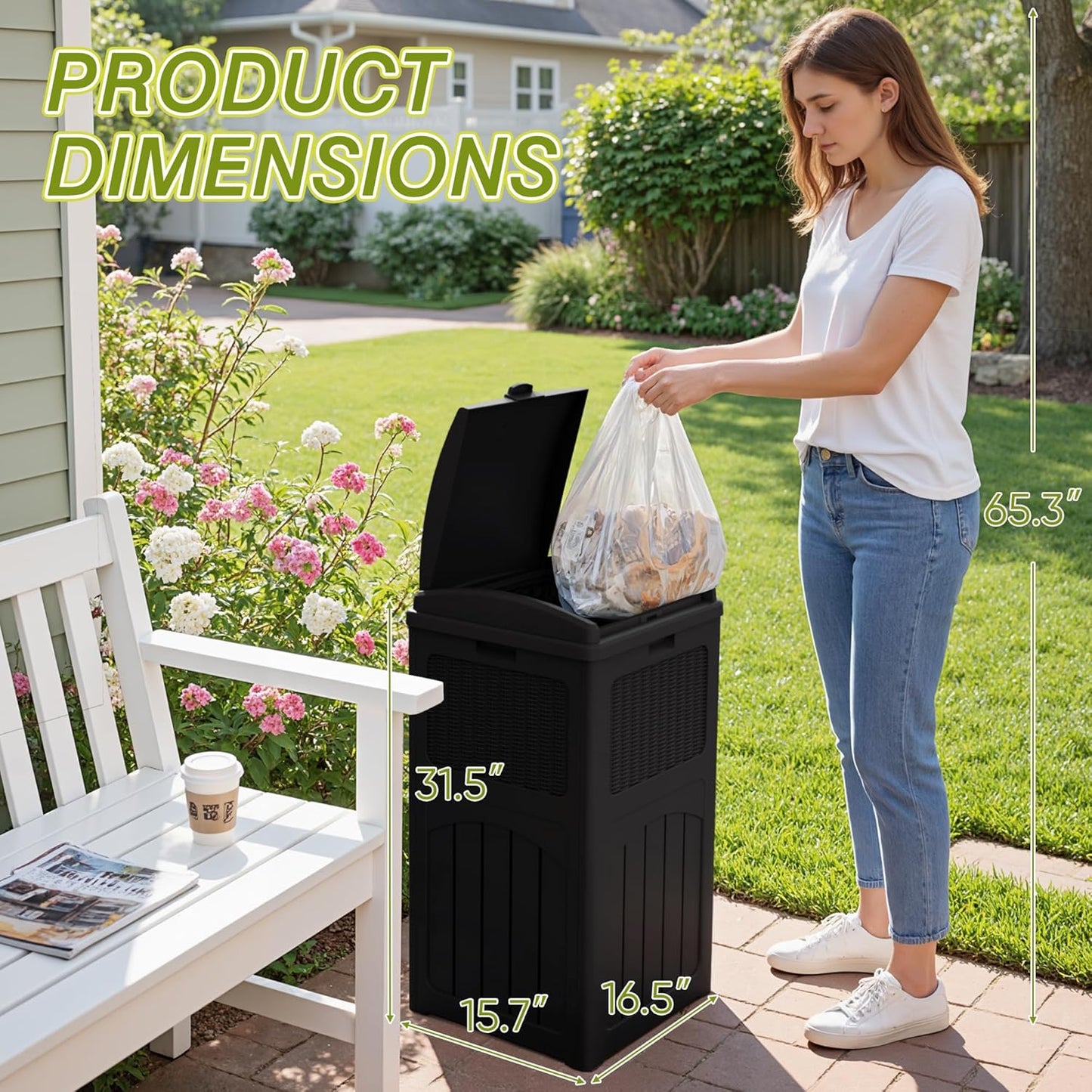 Greesum 33 Gallon Outdoor Trash Can with Lid, Waterproof Resin Garbage Bin for Hideaway, Deck, Patio, Dark Black