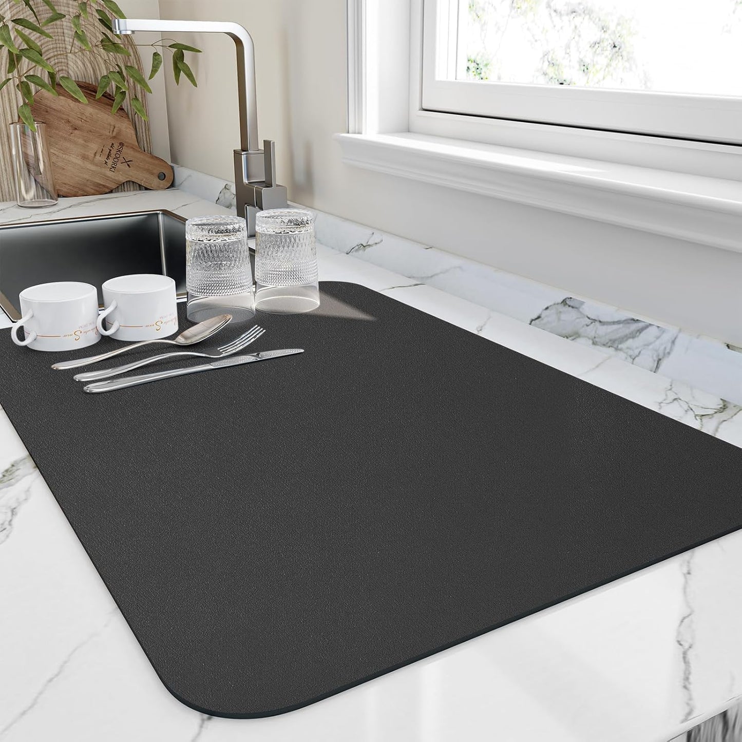 Dish Drying Mat for Kitchen Counter, Heat Resistant Drainer Mats with Non-slip Rubber Backed, Hide Stain Kitchen Super Absorbent Draining Mat, Easy to Clean Dish Rack Pad, Black 18"x24"