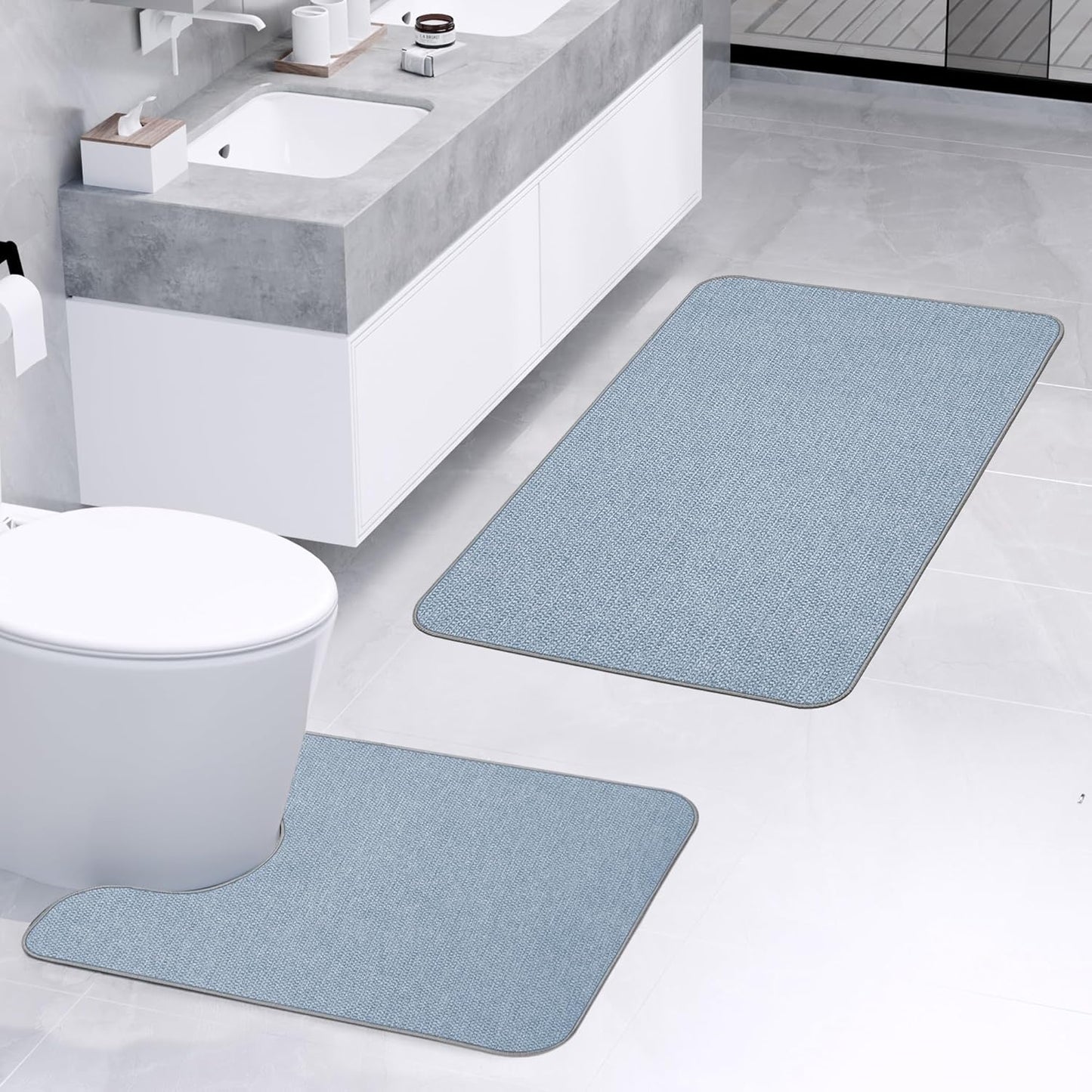 Bathroom Rugs Set 2 Pieces,Thin Bathroom Mats,Toilet Rugs,Quick Dry,Non-Slip,Machine Washable,Low Pile,Absorbent Bath Mats,Shower,Sink,Home Decor Accessories.Blue,1'5"x2'3"+1'8"x2" U Shape