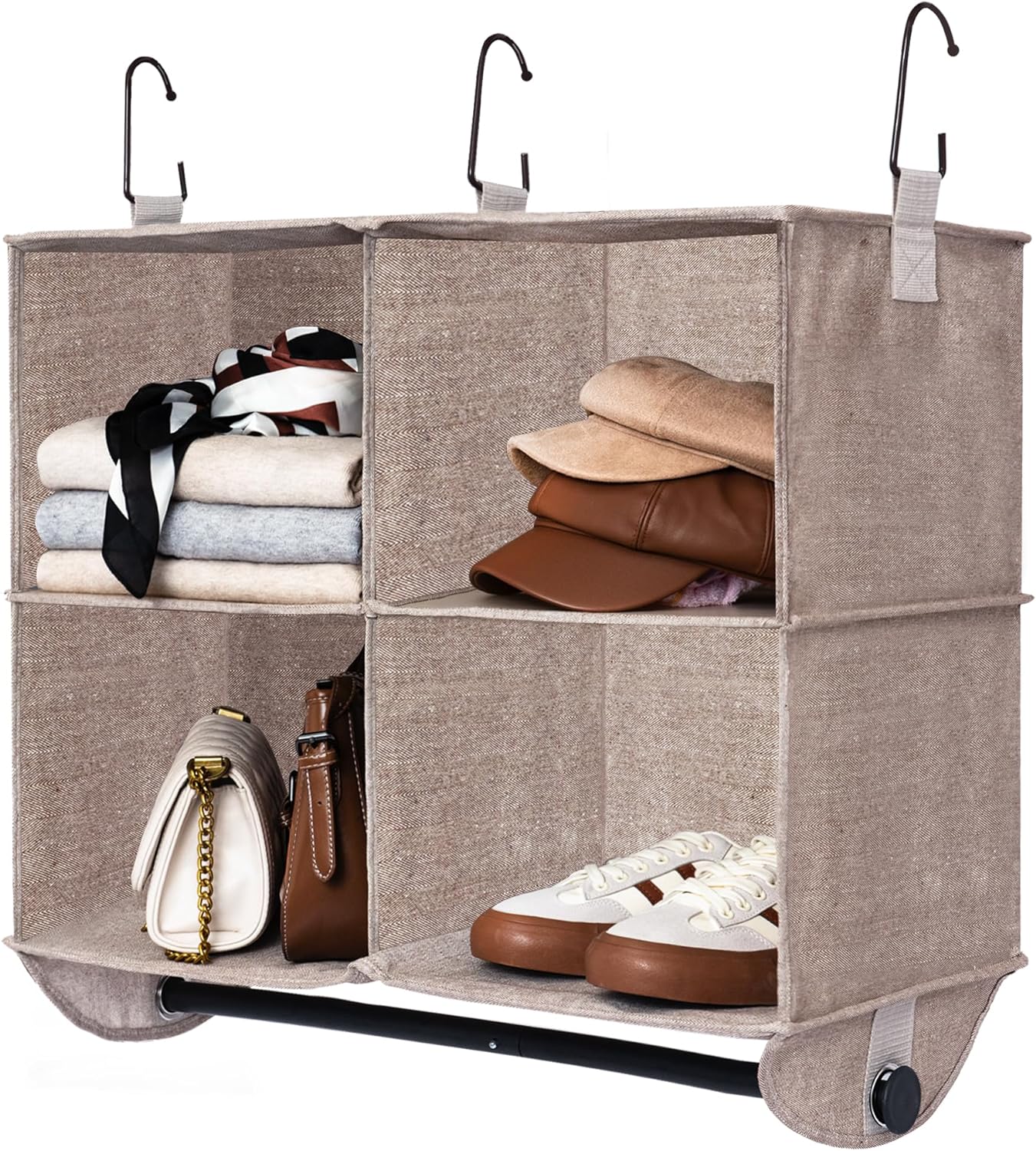 StorageWorks Hanging Closet Organizer with Metal Rod, 4-Section Closet Organizers and Storage, Collapsible Hanging Shelves for Baby Clothes, Shoes, Sweater Storage, Brown and Beige