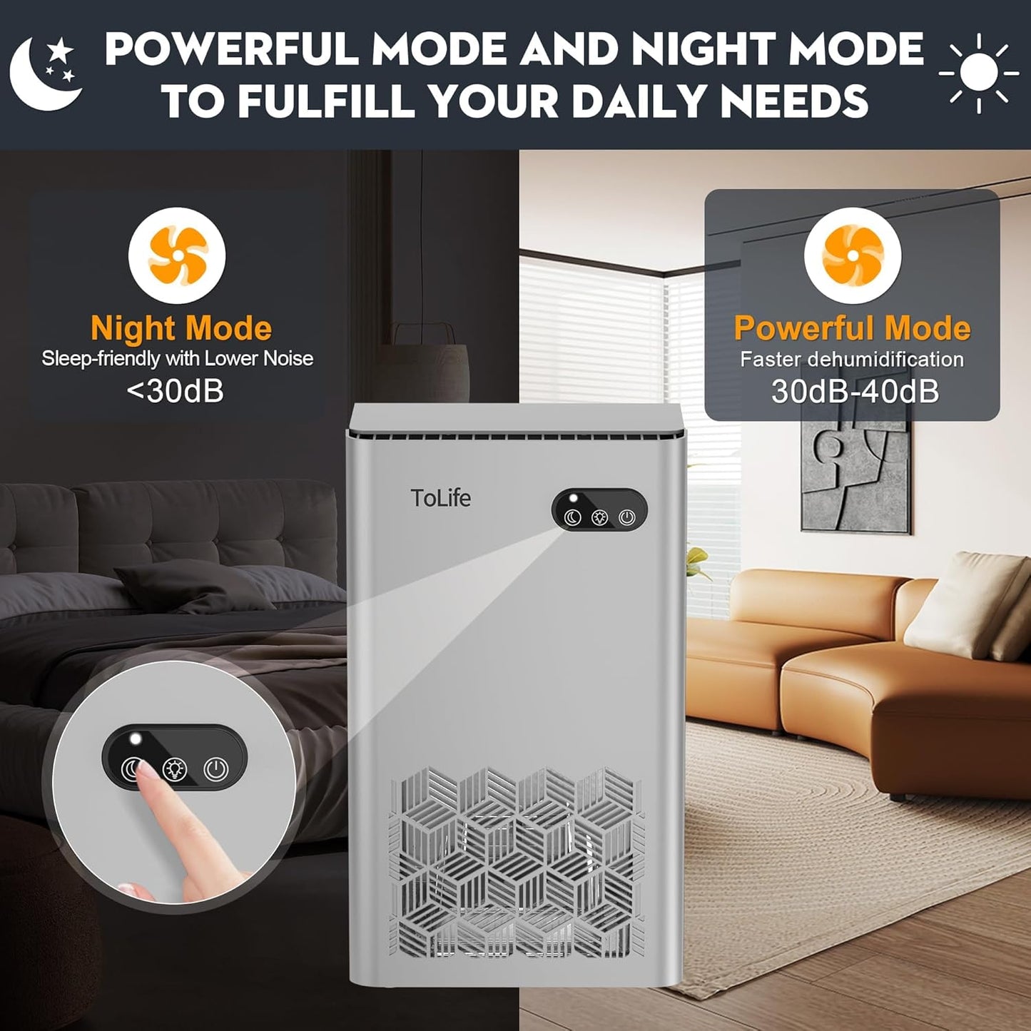 ToLife Dehumidifier for Home, 1000 sq.ft Dehumidifiers for Basement Bedroom Bathroom with 95 OZ Water Tank, Auto Shut Off 7 Colors LED Light, Silver