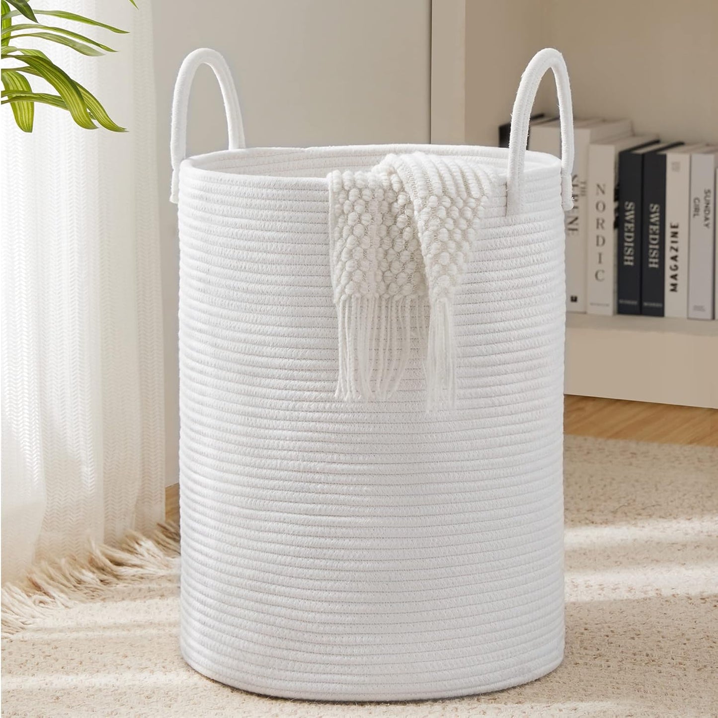 Woven Rope Laundry Hamper Basket by YOUDENOVA, 58L Tall Laundry Basket, Baby Nursery Hamper for Blanket Storage, Clothes Hamper for Laundry in Bedroom-Large-Pure White