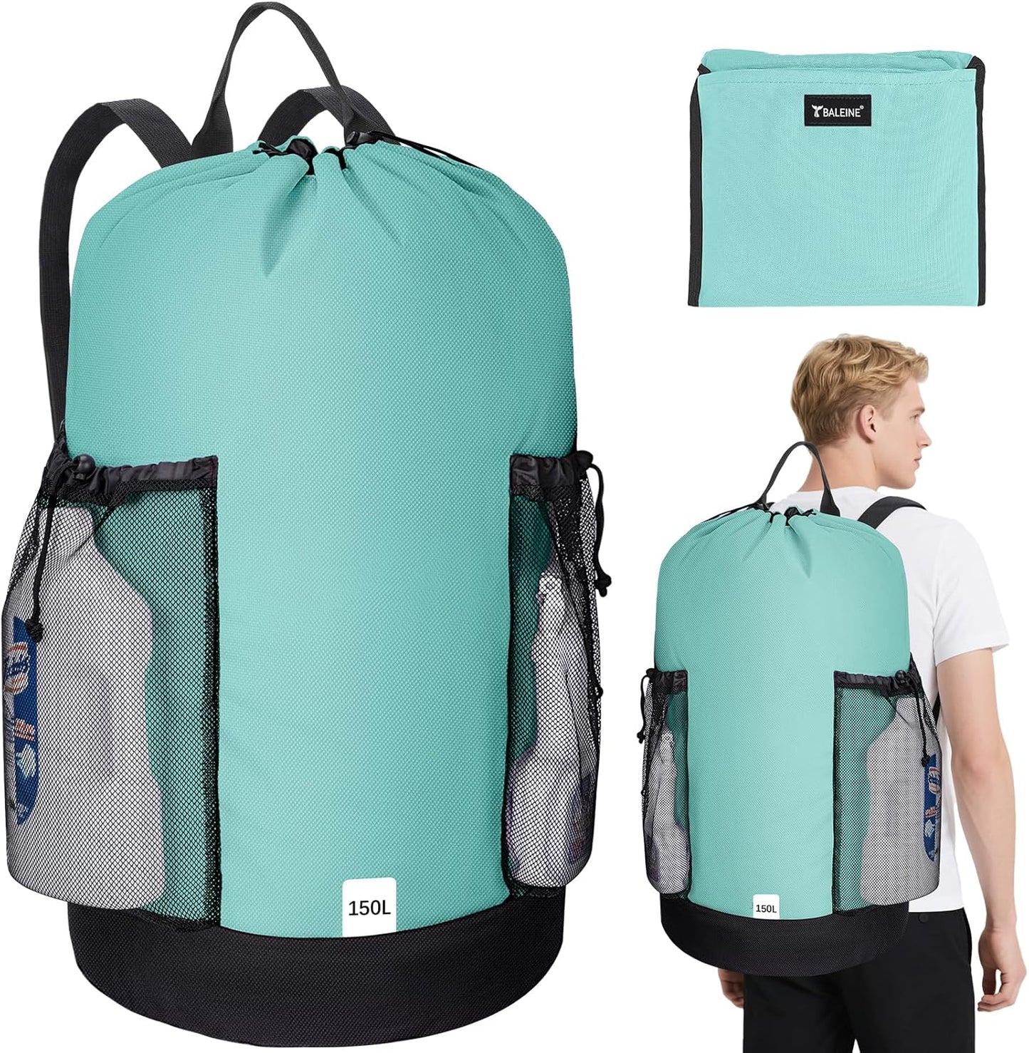 BALEINE 150L Laundry Bag Backpack, 900D Oxford Fabric Large Travel Laundry Bags with Shoulder Straps and 2 Mesh Pockets for College Dorm, Apartment, Laundromat (Sky Blue, 150L)