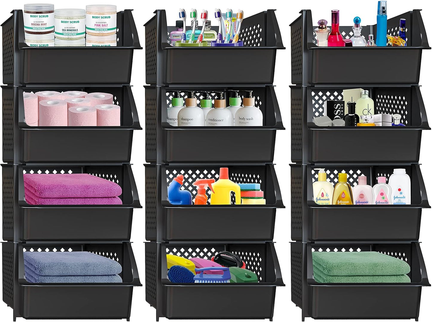 Skywin TidyFriend Stackable Storage Bins for Pantry Organizers and Storage 12 Pack, Pantry Storage for Food, Kitchen and Home Organization (Black)