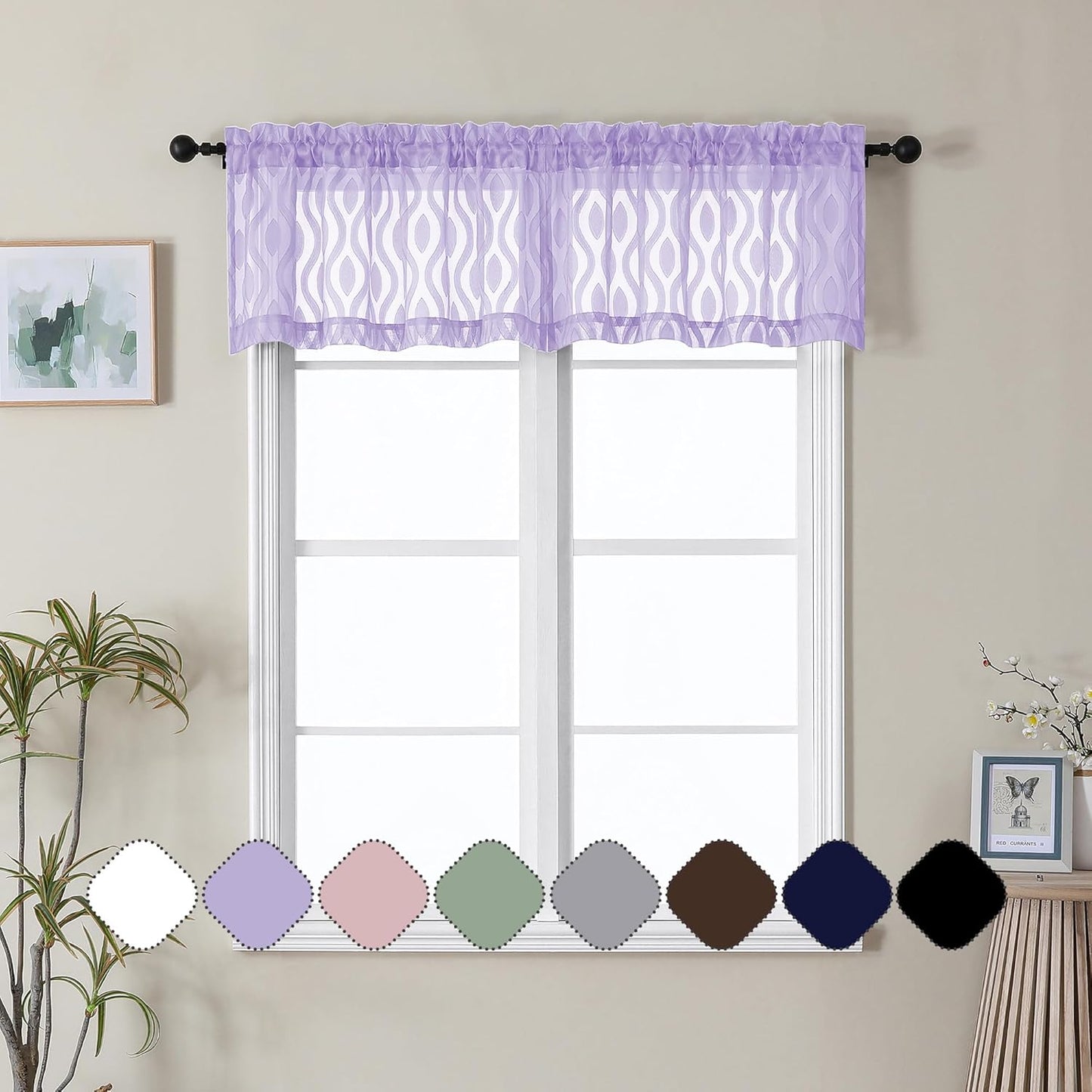 Aiyufeng Light Purple Valances for Windows, Chic Wavy Line Clip Jacquard Voile Sheer Small Window Curtain for Basement, Lightweight Rod Pocket Short Curtains for Windows, 2 PCS, 40Wx14L Inches