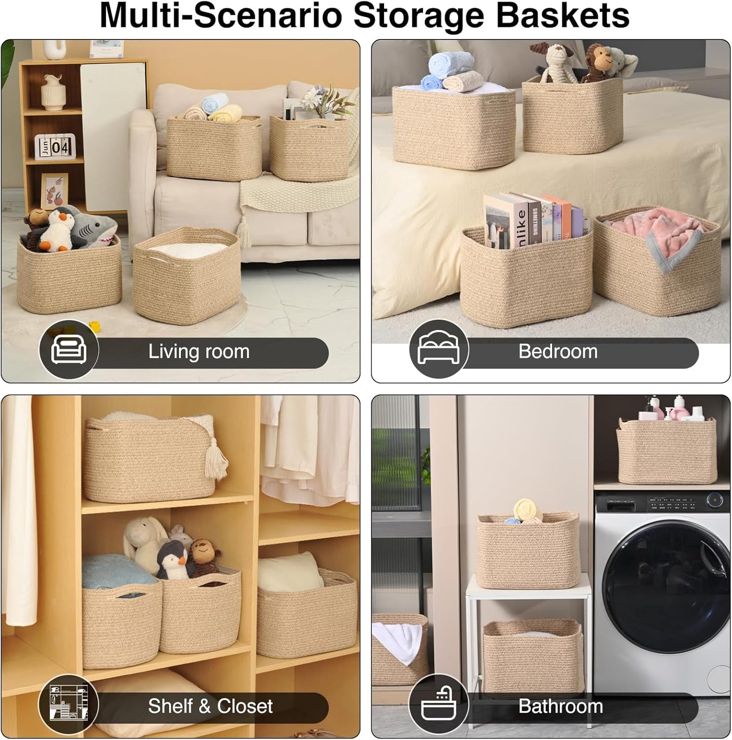 Storage Baskets for Organizing & Shelves, Woven Cotton Rope Organization Bins for Dog Toys, Clothes, Books, Nursery Organizer, 15" Lx11''Wx9.5''H, (4 Packs) Brown