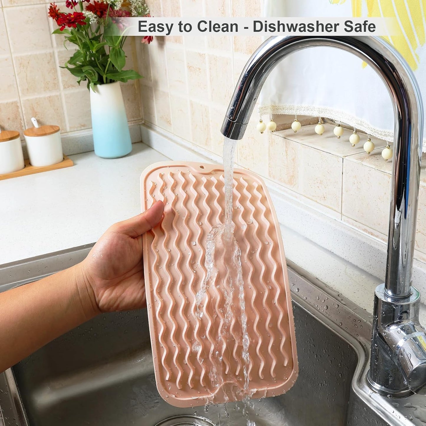 ZLR Silicone Dish Drying Mat for Kitchen Counter, Eco-Friendly Fast Dry Dish Mat, Easy Clean Multi Usage Drying Matt, Heat Resistant Trivet, 6" x 12" Extra Small, Peach Pink