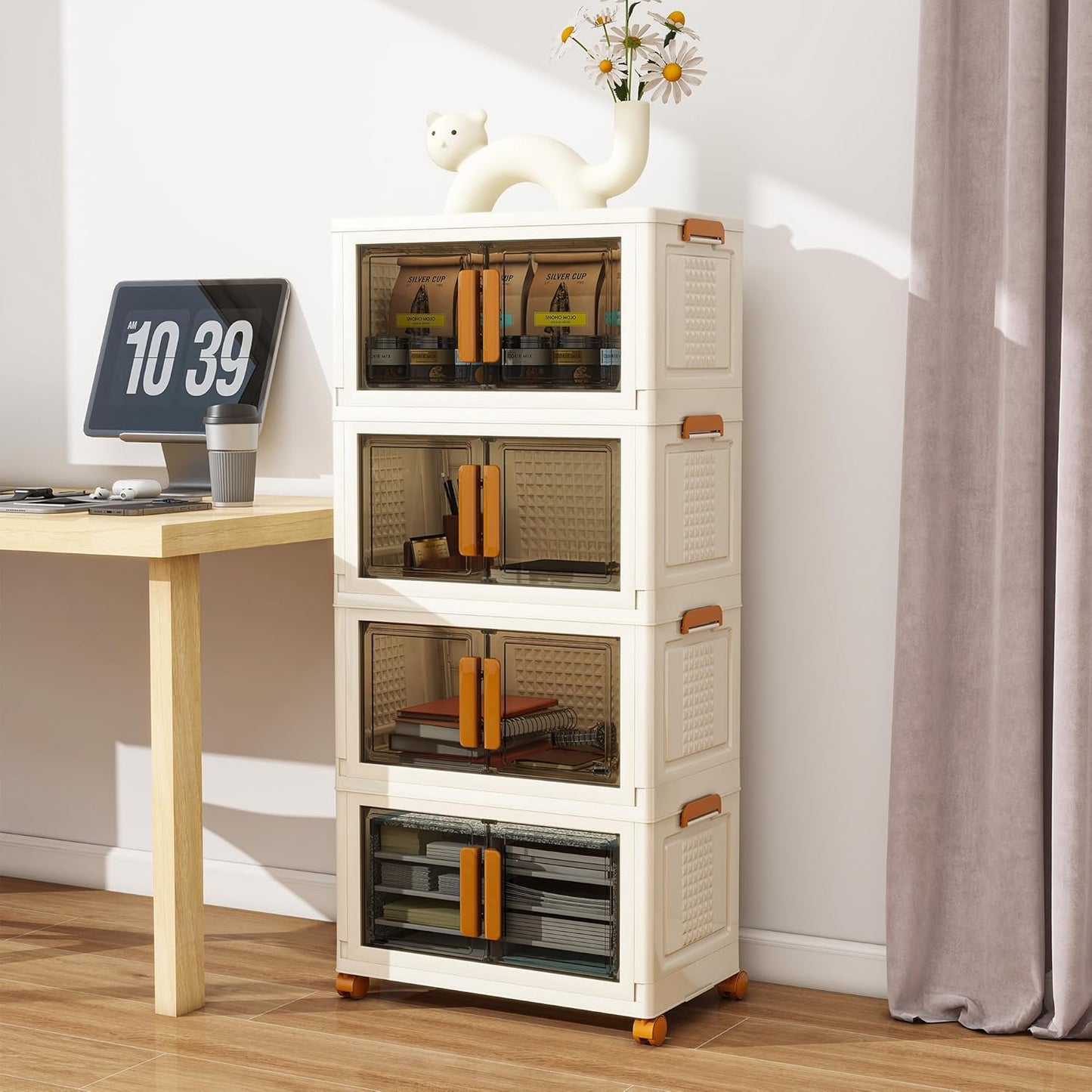 4 Tier Stackable Plastic Storage Bins with 1 Lid 45 QT/Tier, Collapsible Plastic Box Storage Bin with Wheels, Home Containers Boxes Closet Organizers for Living Room, Office, Dorm