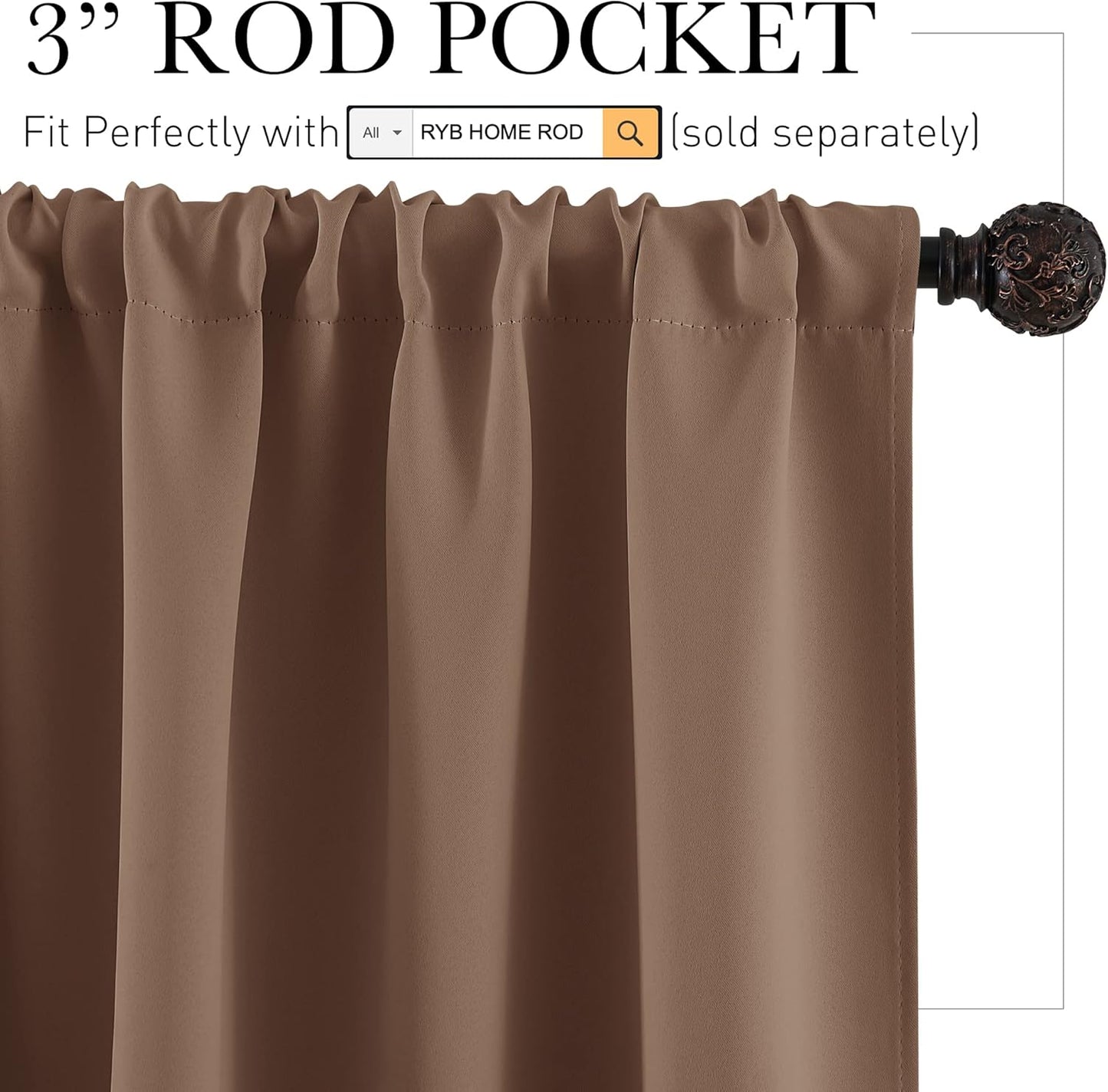 RYB HOME Short Curtains for Living Room Blackout Portable Blinds Shades for Bedroom Bathroom Basement Garage RV Camper Windows, 34 inches Width x 36 inches Length, Mocha, 2 Pcs
