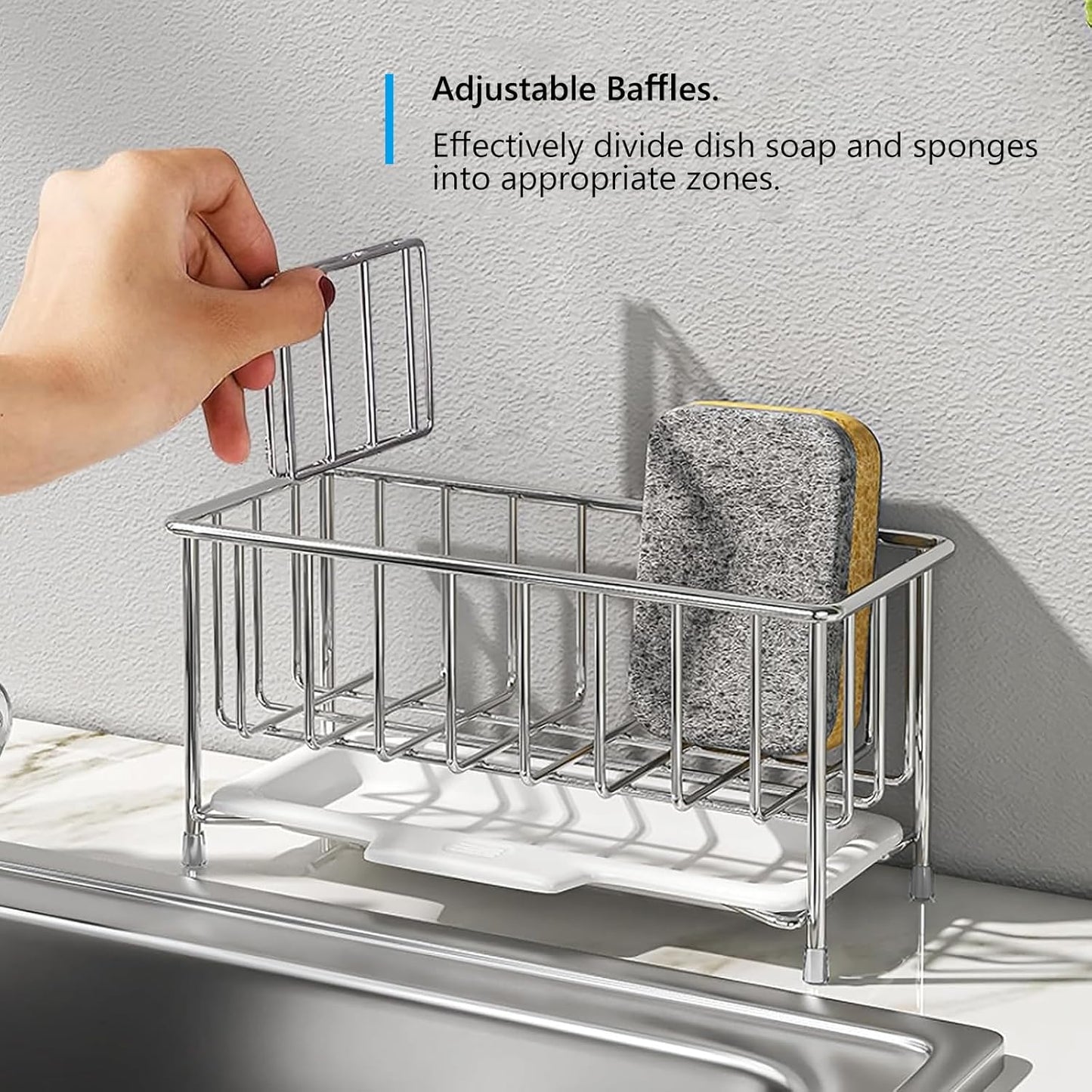 Kavciva Sink Caddy Sponge Holder,304 Stainless Steel Dish Brush Holder,Kitchen Countertop Sink Rack,Dish Soap Holder,Dishwashing Tool Drying Tray with Adjustable Partitions,Essential Kitchen Shelves