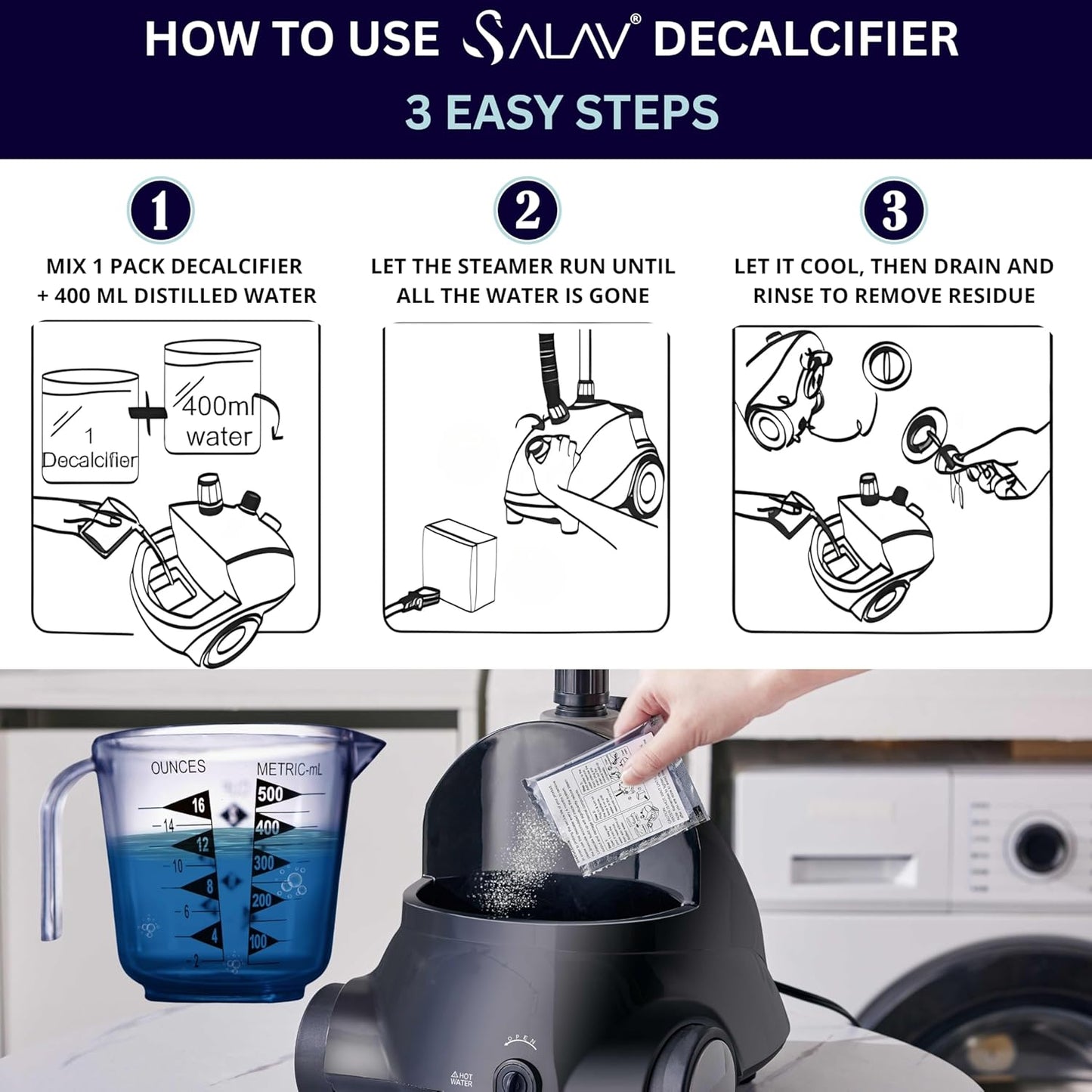 Garment Steamer Descaling Solution Decalcifier Packets for Mineral Deposits and Build-up Removal, Maintenance for Clothes, Works with all Garment Steamer Brands, Cleans Build Up, 5 packs