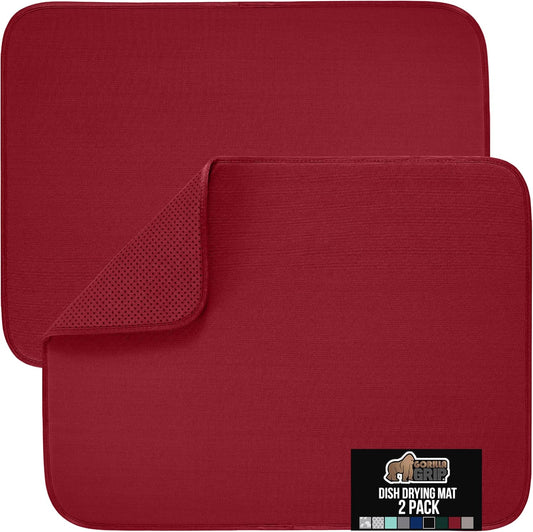 GORILLA GRIP Ultra Water Absorbent Microfiber Dish Drying Mat, 18x24, Quick Dry Thick Mesh, Slip Resistant Pad for Sink Dishes or Under Rack, Kitchen Counter Accessories, Machine Wash, 2 Pack Red